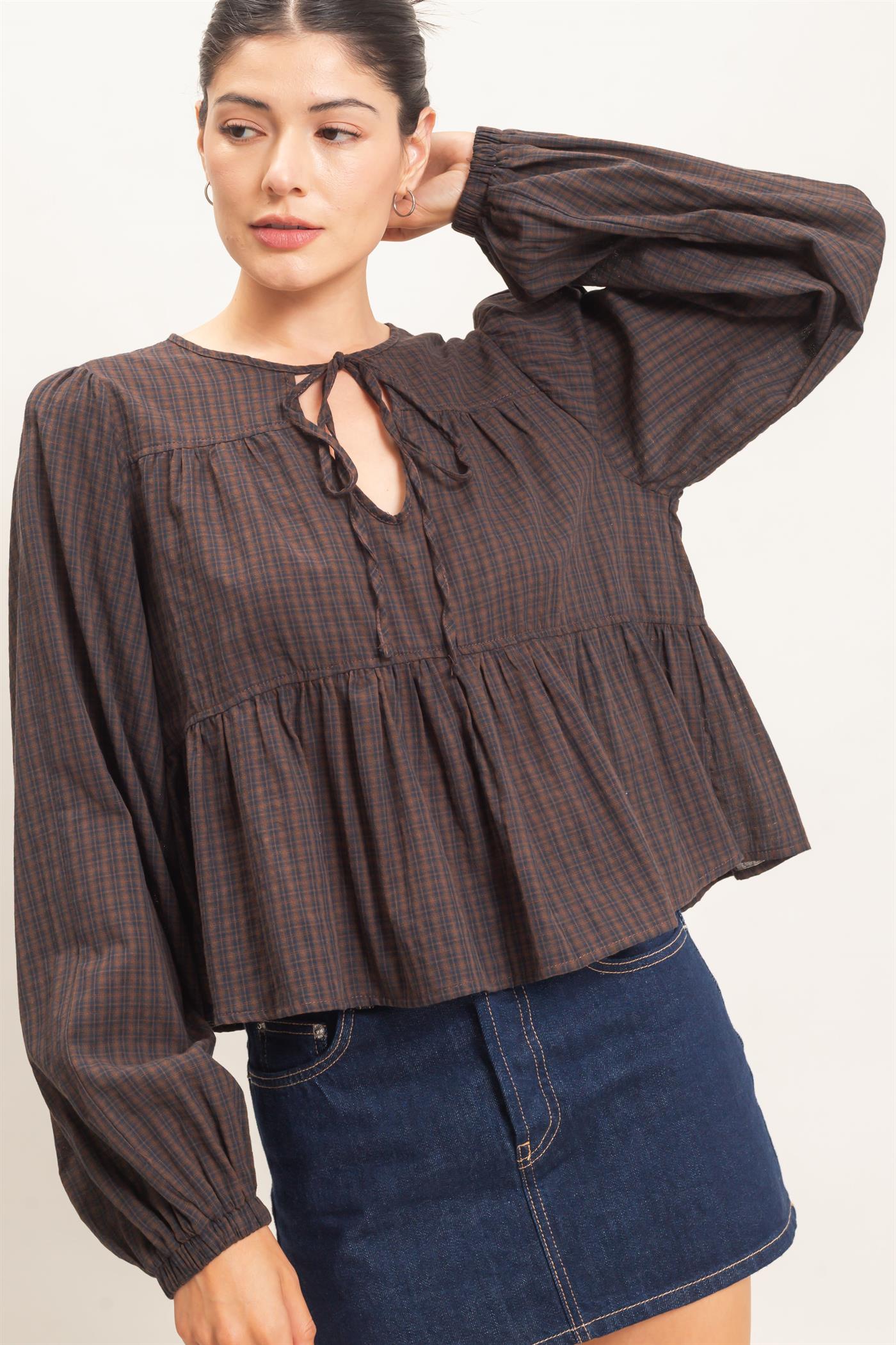 Wholesale Checkered Tie Neck Top Clothing Tops HF26E732 BROWN HYFVE
