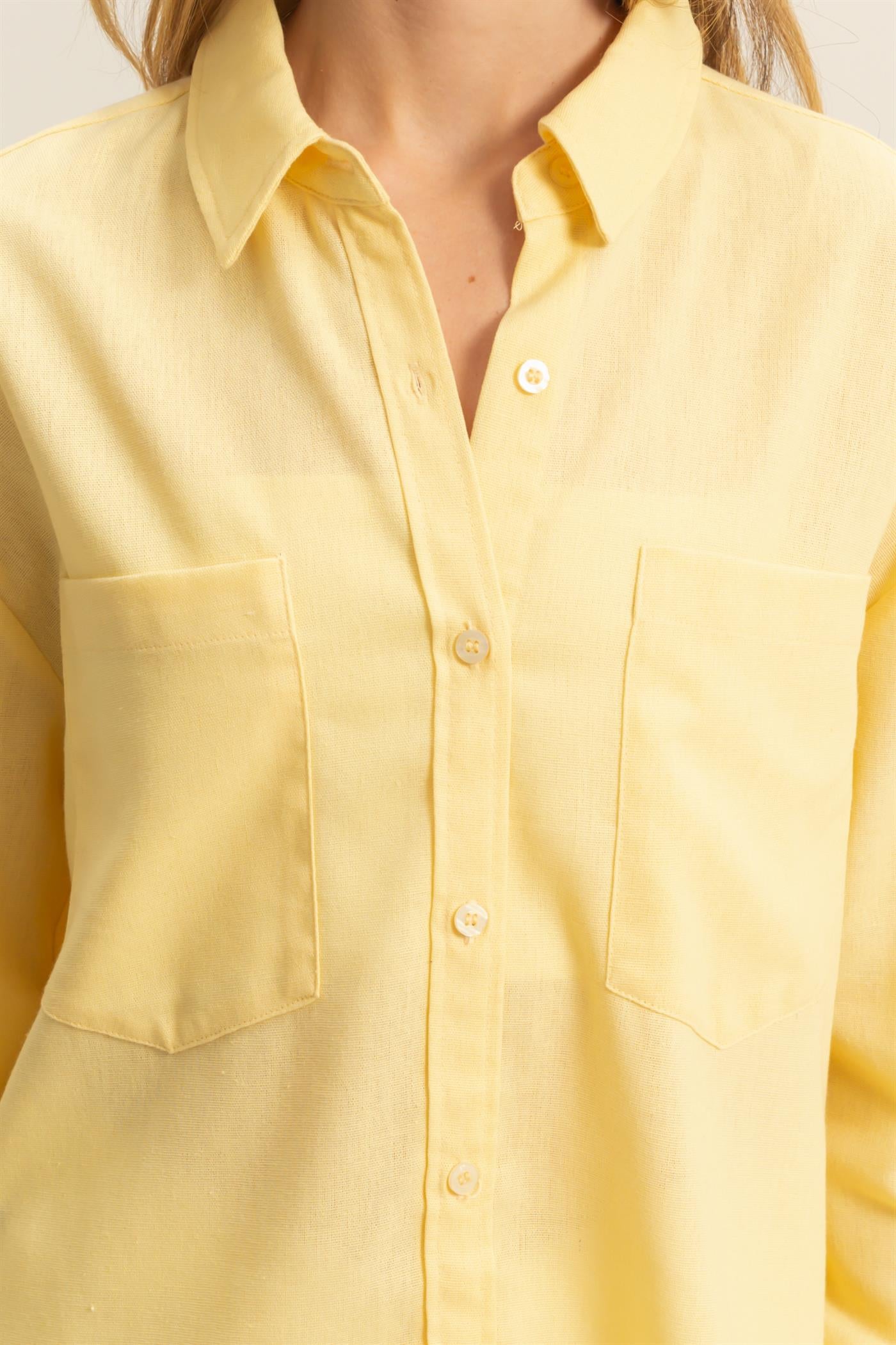 Wholesale Sand Washed Relaxed Long Sleeve Shirt Clothing Tops DZ24C609 CREAMY YELLOW DOUBLE ZERO