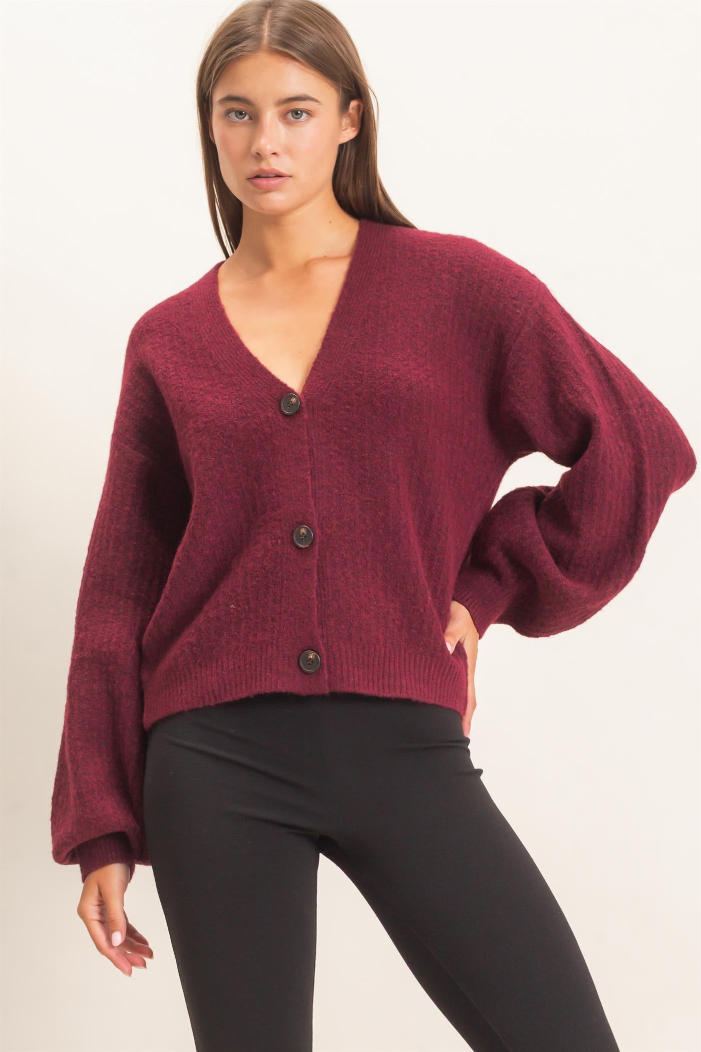Wholesale Textured V-Neck Cardigan Cardigans DZ26E080 DARK CHERRY DOUBLE ZERO