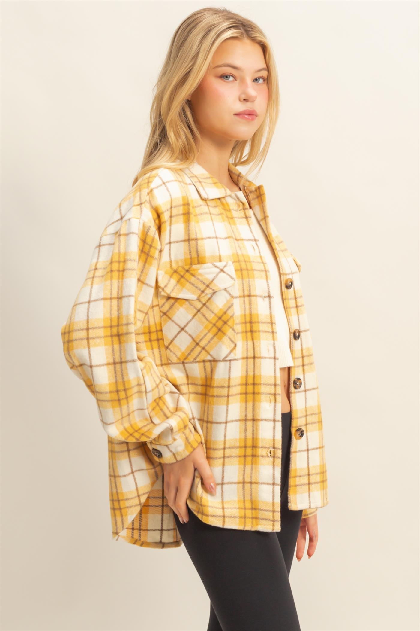 Wholesale Collared Plaid Shacket Shirts HF23G058 YELLOW HYFVE