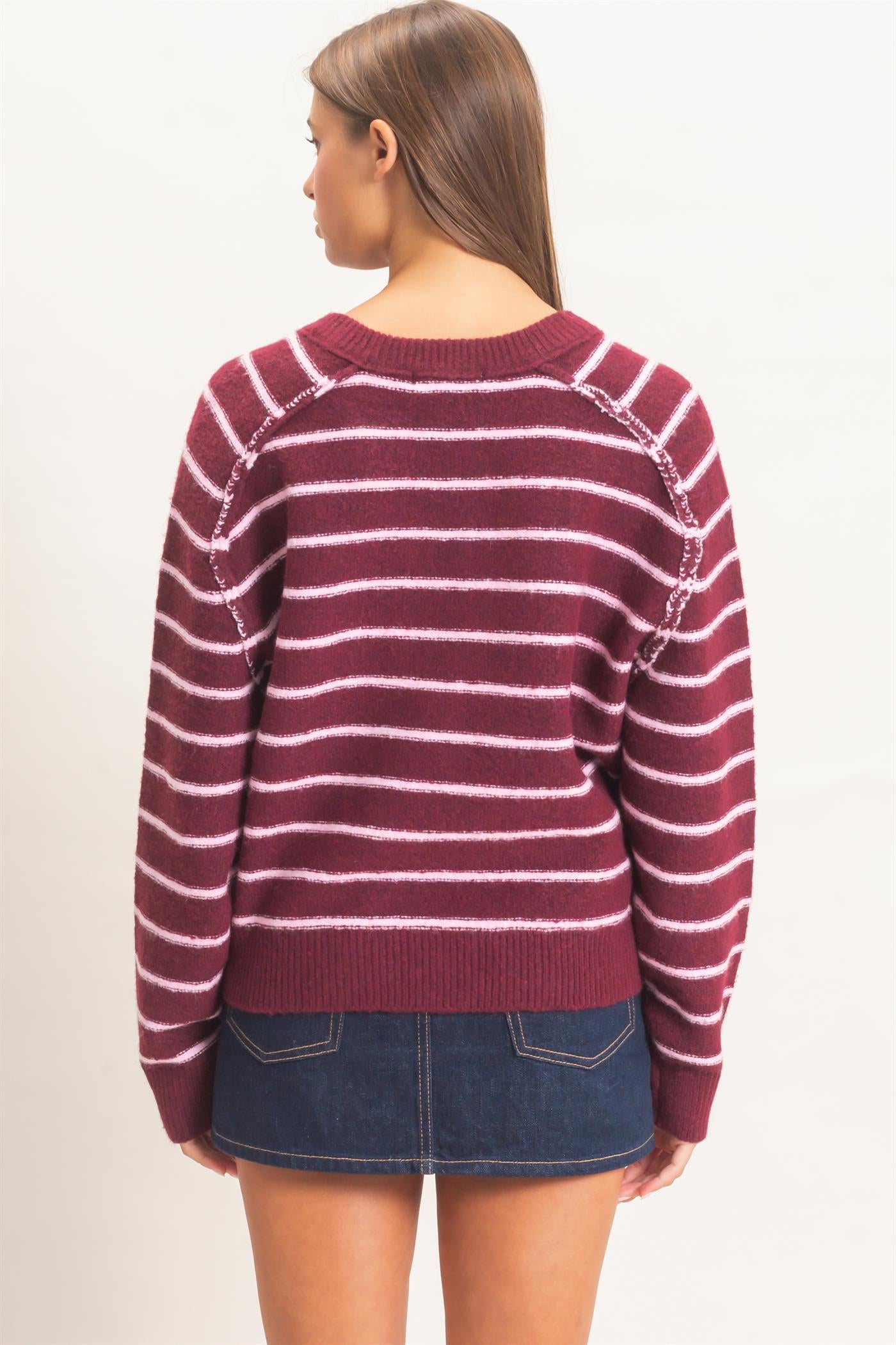 Wholesale Stripe Henley Sweater Sweaters DZ26F002 DARK CHERRY DOUBLE ZERO