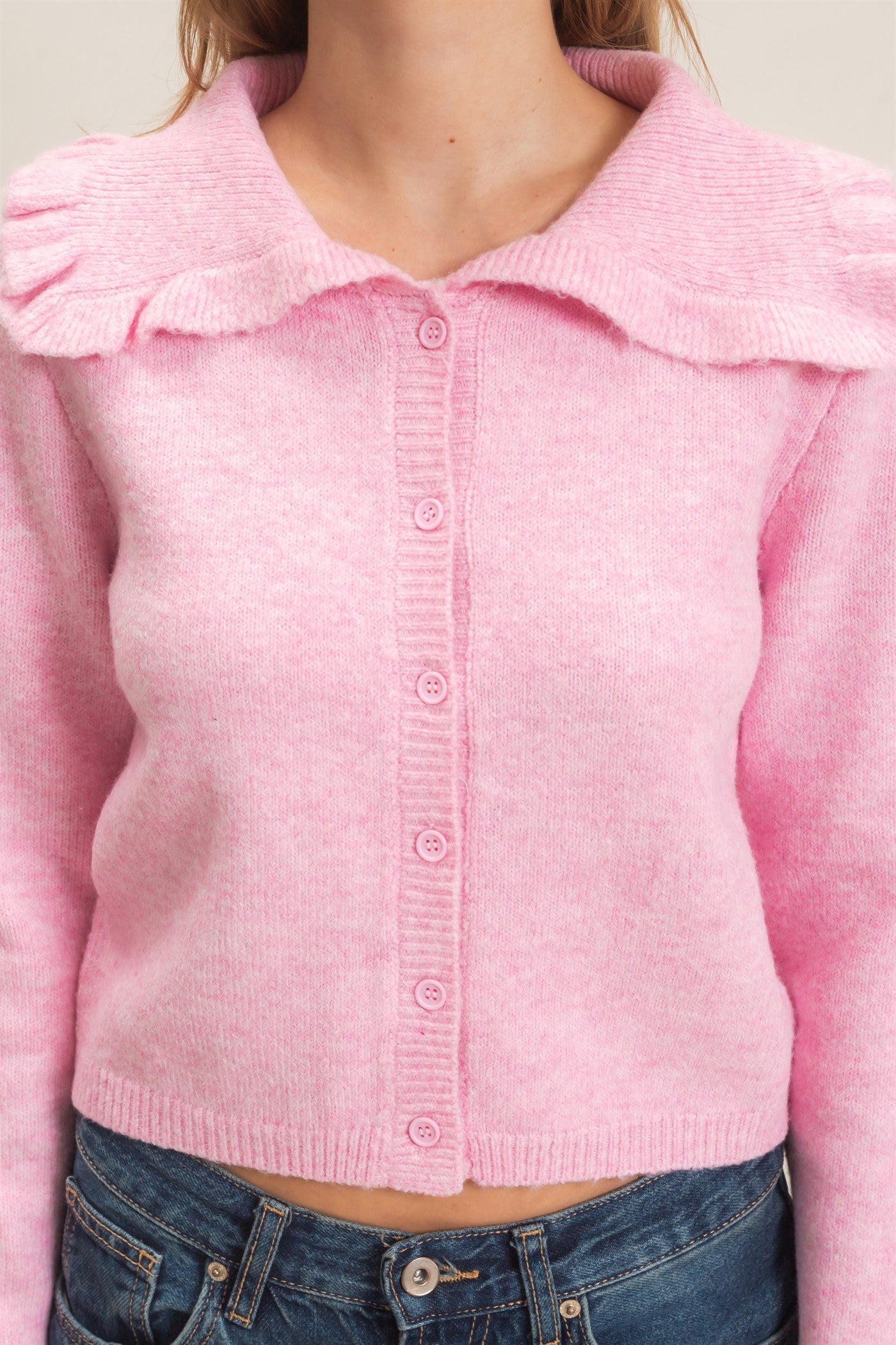 Wholesale Ruffled Collar Knit Cardigan Cardigans HF26E162-D PINK HYFVE