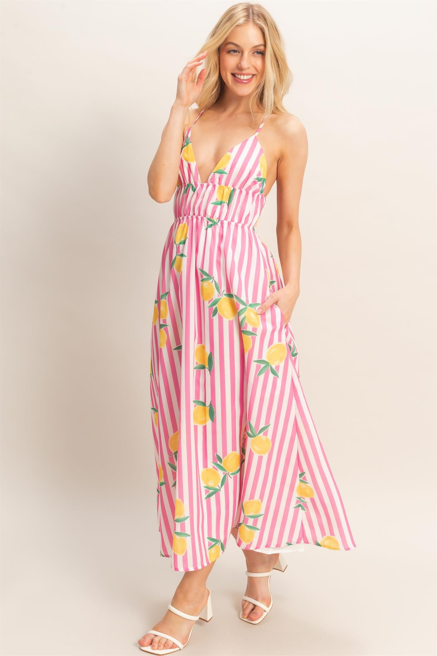 Wholesale Striped Lemon Print Midi Dress Dresses HF26C269 PINK HYFVE