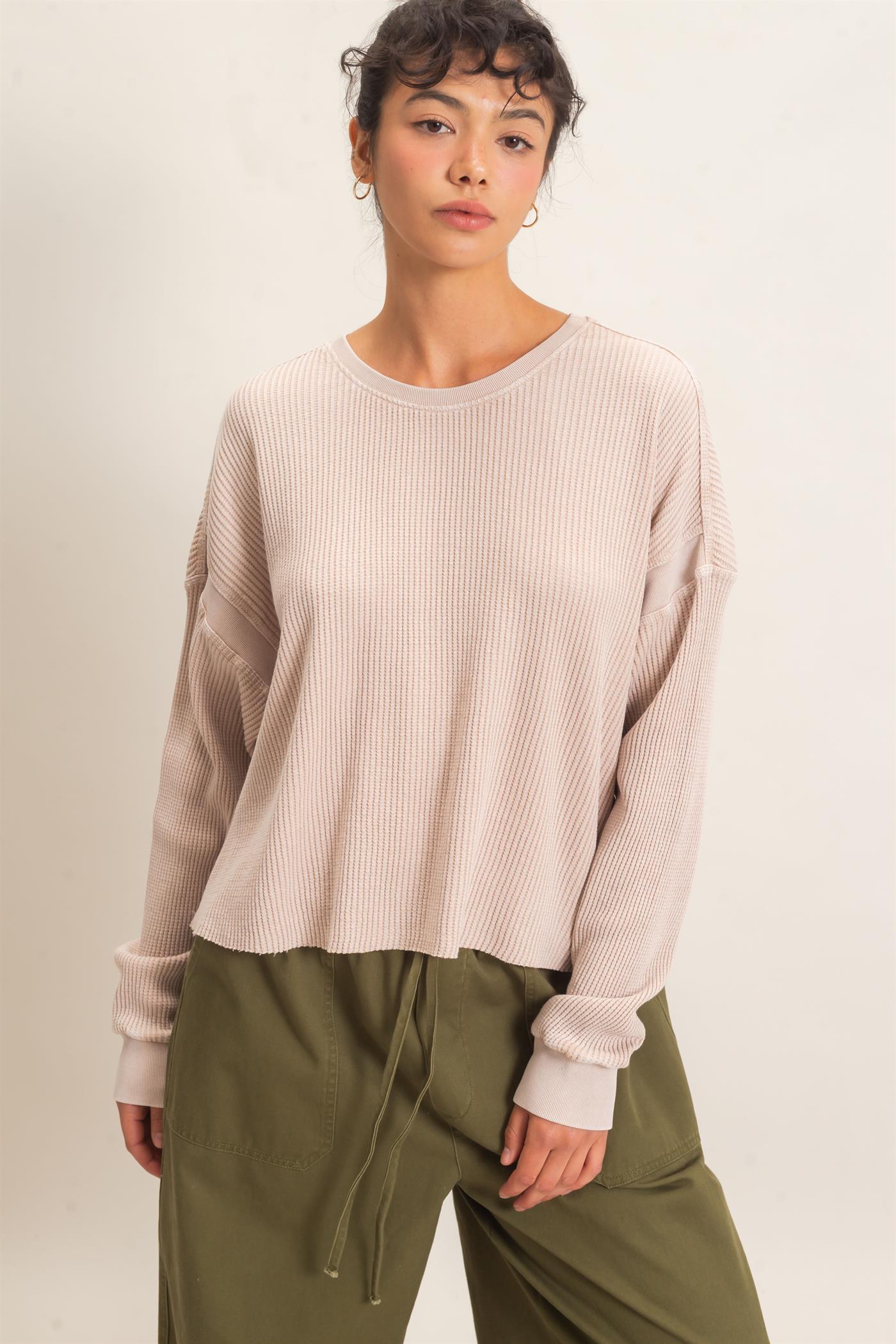 Wholesale Mineral Wash Waffle Open Back Top Clothing Tops DZ26C964 DARK TAUPE DOUBLE ZERO