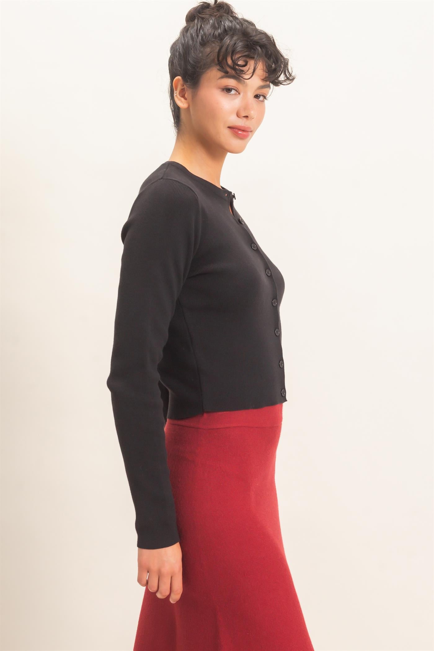 Wholesale Ribbed Crew Neck Cardigan Cardigans DZ27A153 BLACK DOUBLE ZERO