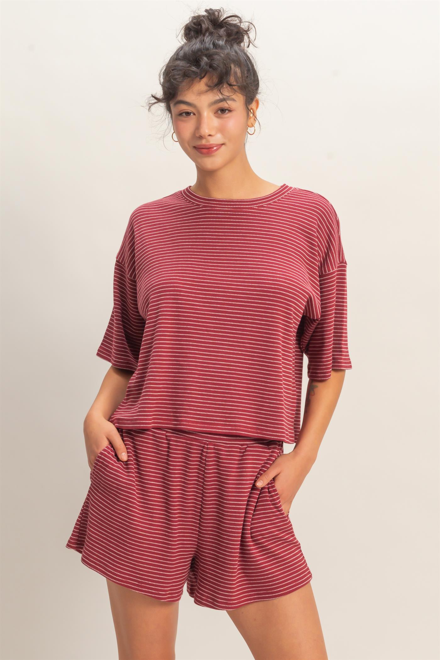 Wholesale Striped Round Neck Top & Shorts Set Clothing DZ26A045-SET DARK RED DOUBLE ZERO