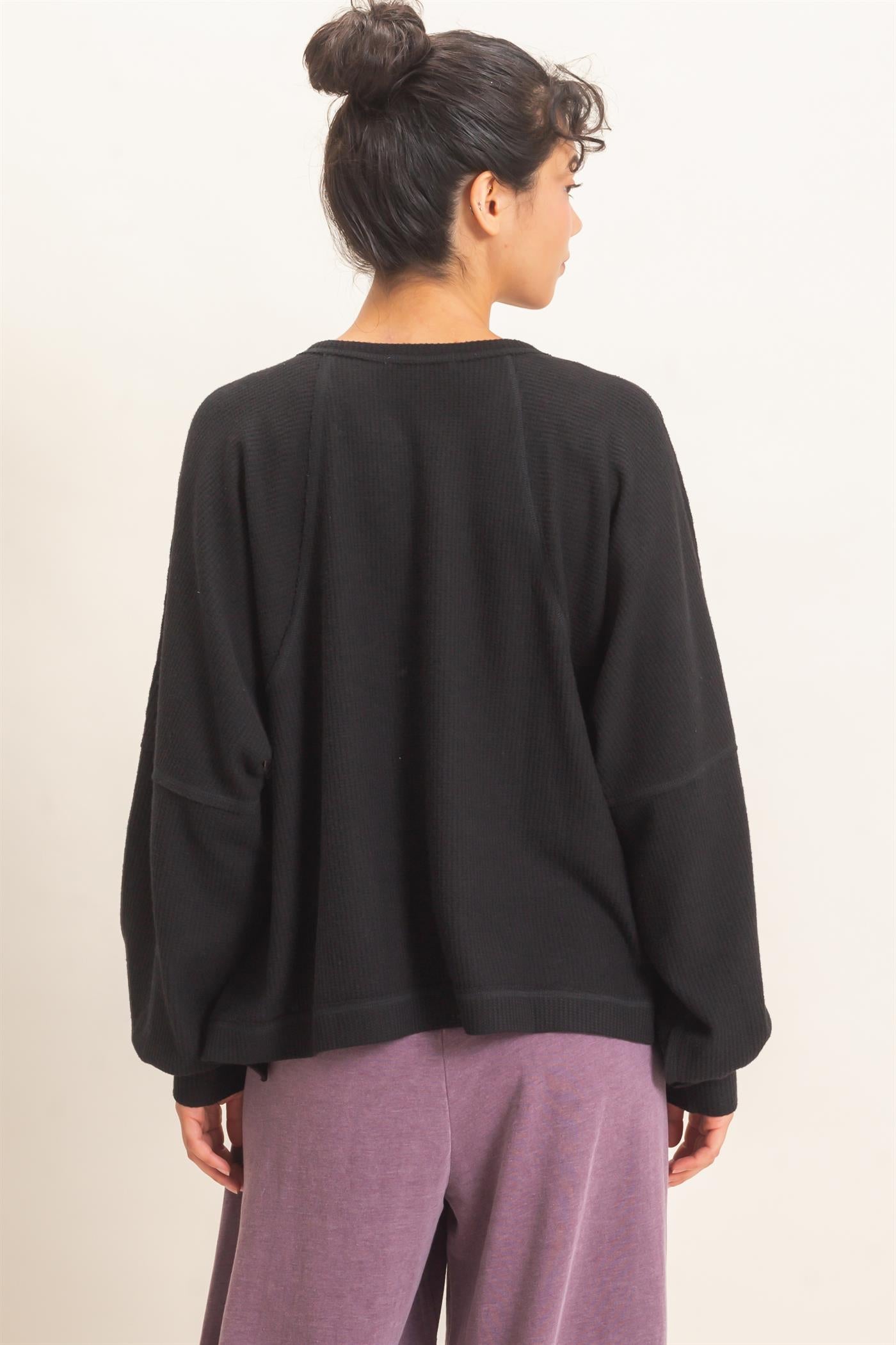 Wholesale Brushed Waffle Long Sleeve Top Clothing Tops DZ26F312 BLACK DOUBLE ZERO