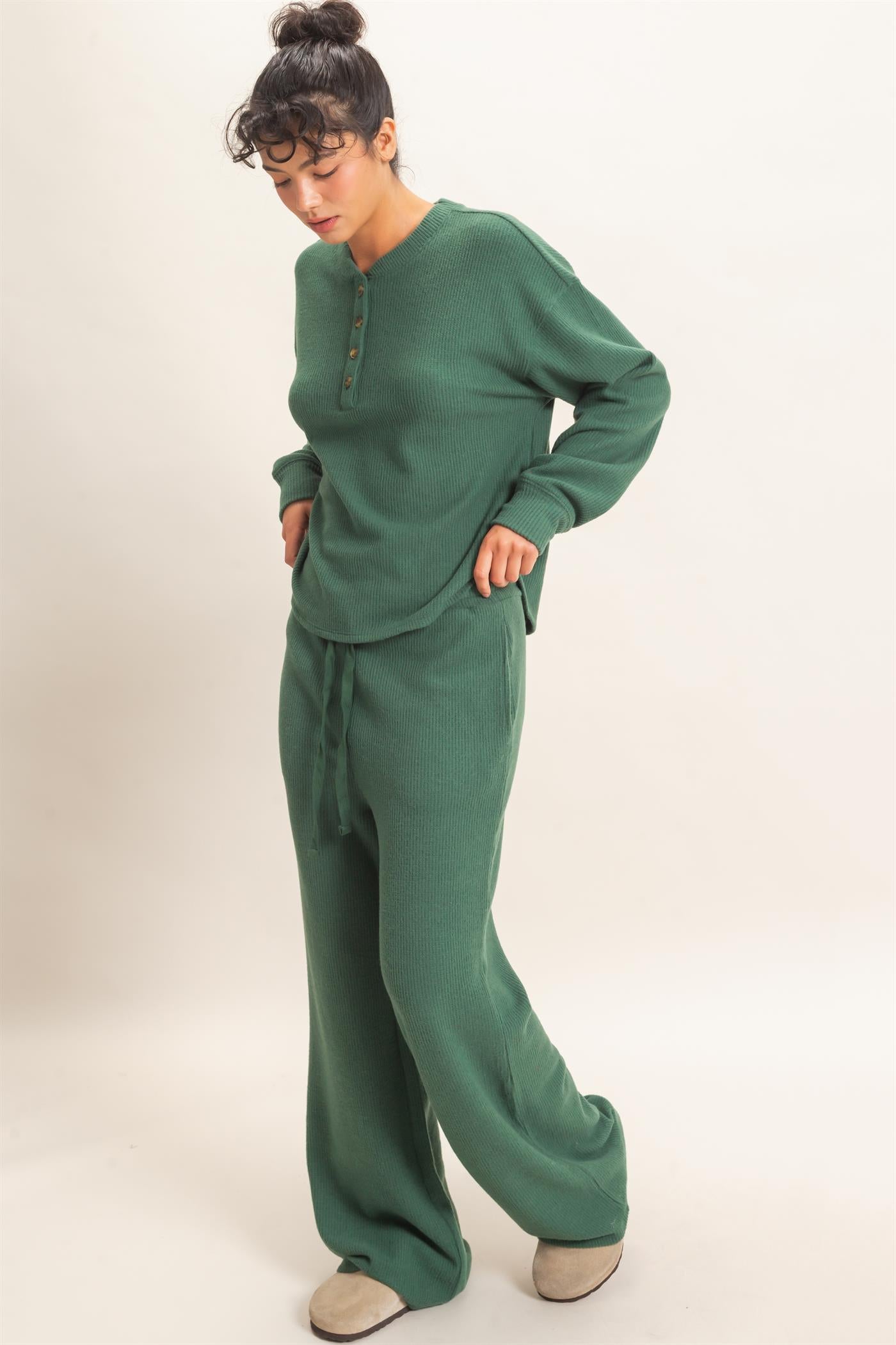 Wholesale Brushed Waffle Henley Top Clothing Tops DZ26F314 DARK GREEN DOUBLE ZERO