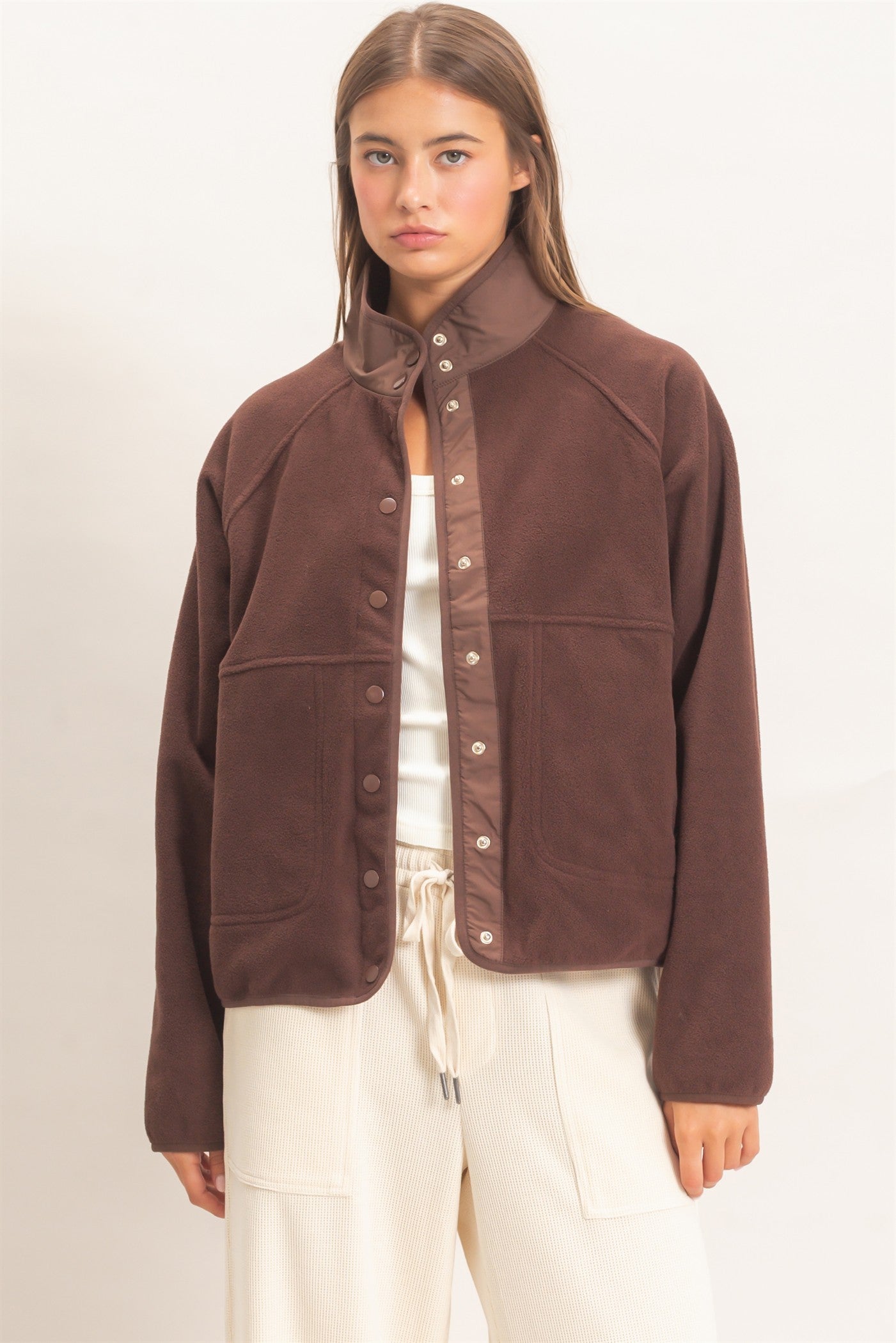 Wholesale Fleece Jacket With Button Front Coats & Jackets DZ26F086 DARK BROWN DOUBLE ZERO