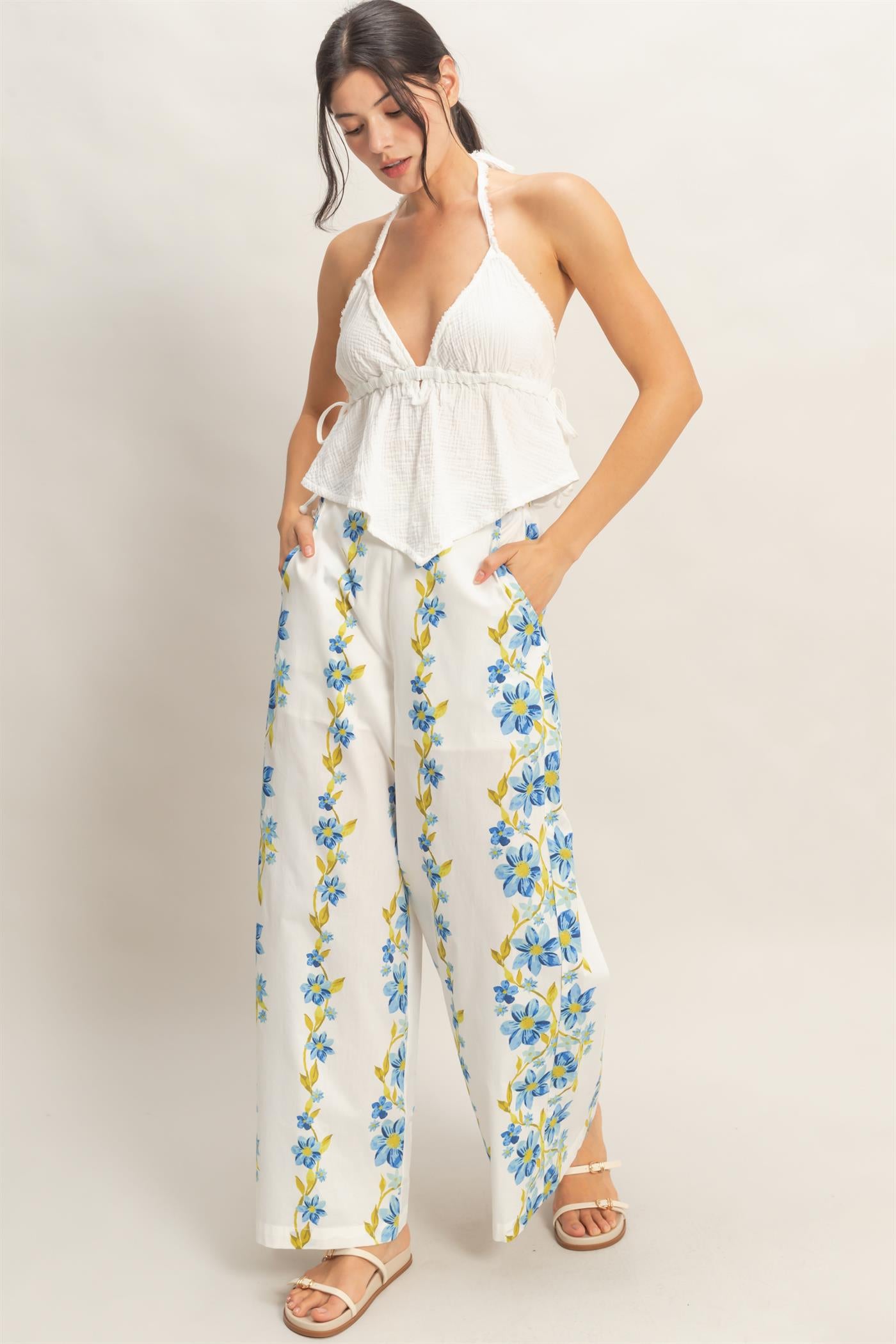 Wholesale Textured Halter Tie Waist Top Clothing Tops HF26C027 OFF WHITE HYFVE