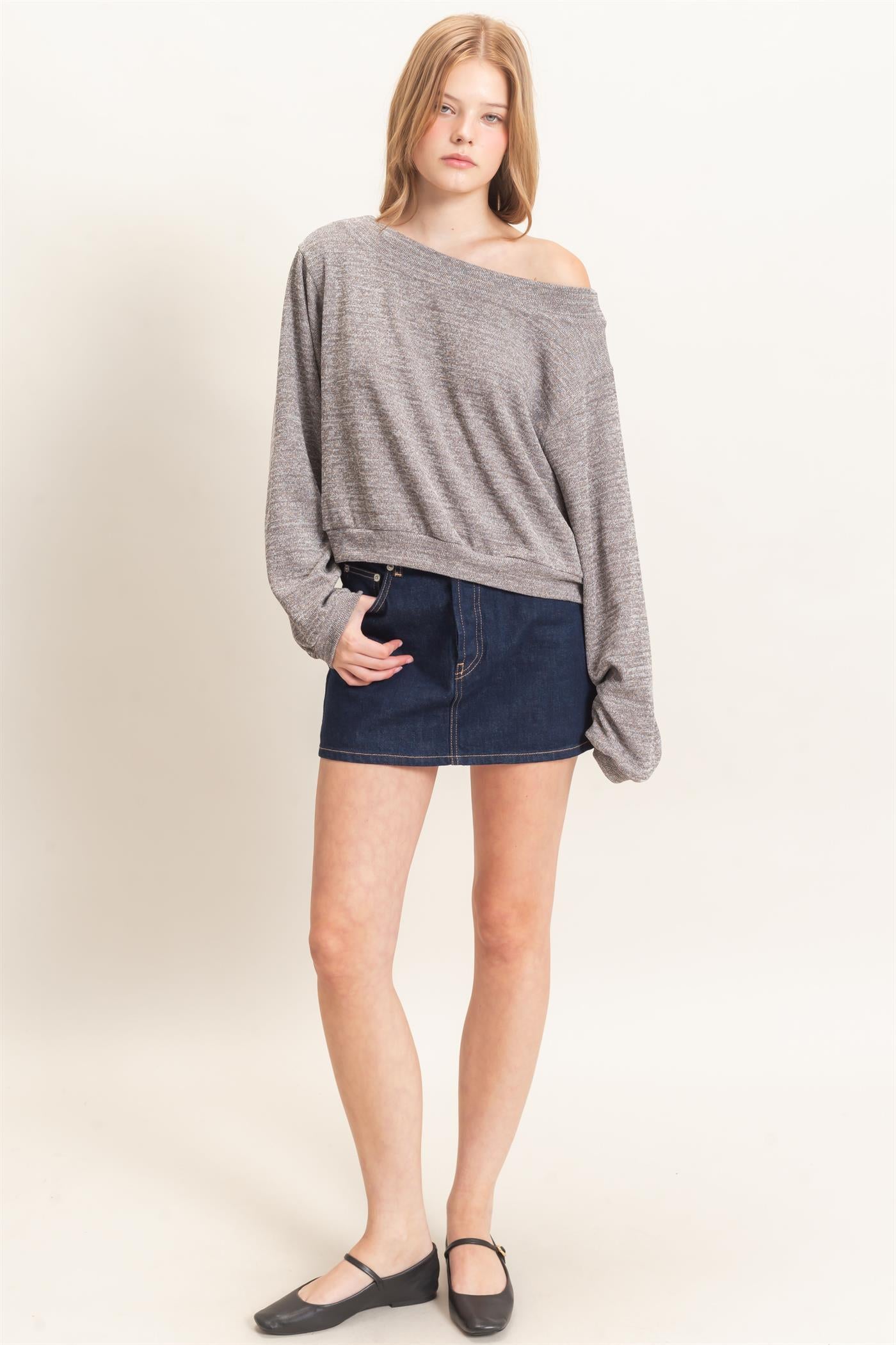 Wholesale Off Shoulder Knit Sweatshirt Blouses HF26F028 CHARCOAL HYFVE