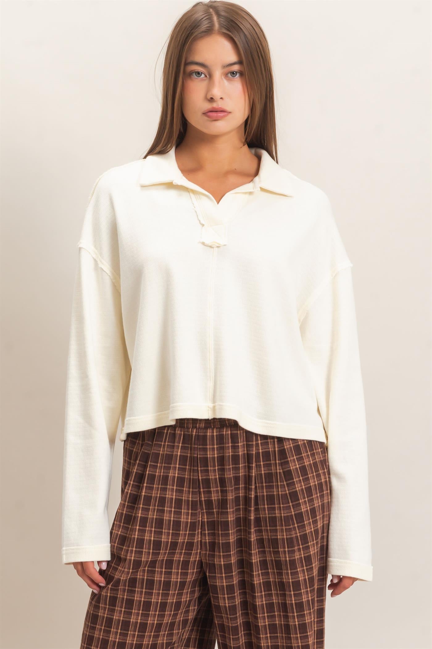 Wholesale Mineral Wash Textured Collar Top Polos DZ26E814 CREAM DOUBLE ZERO