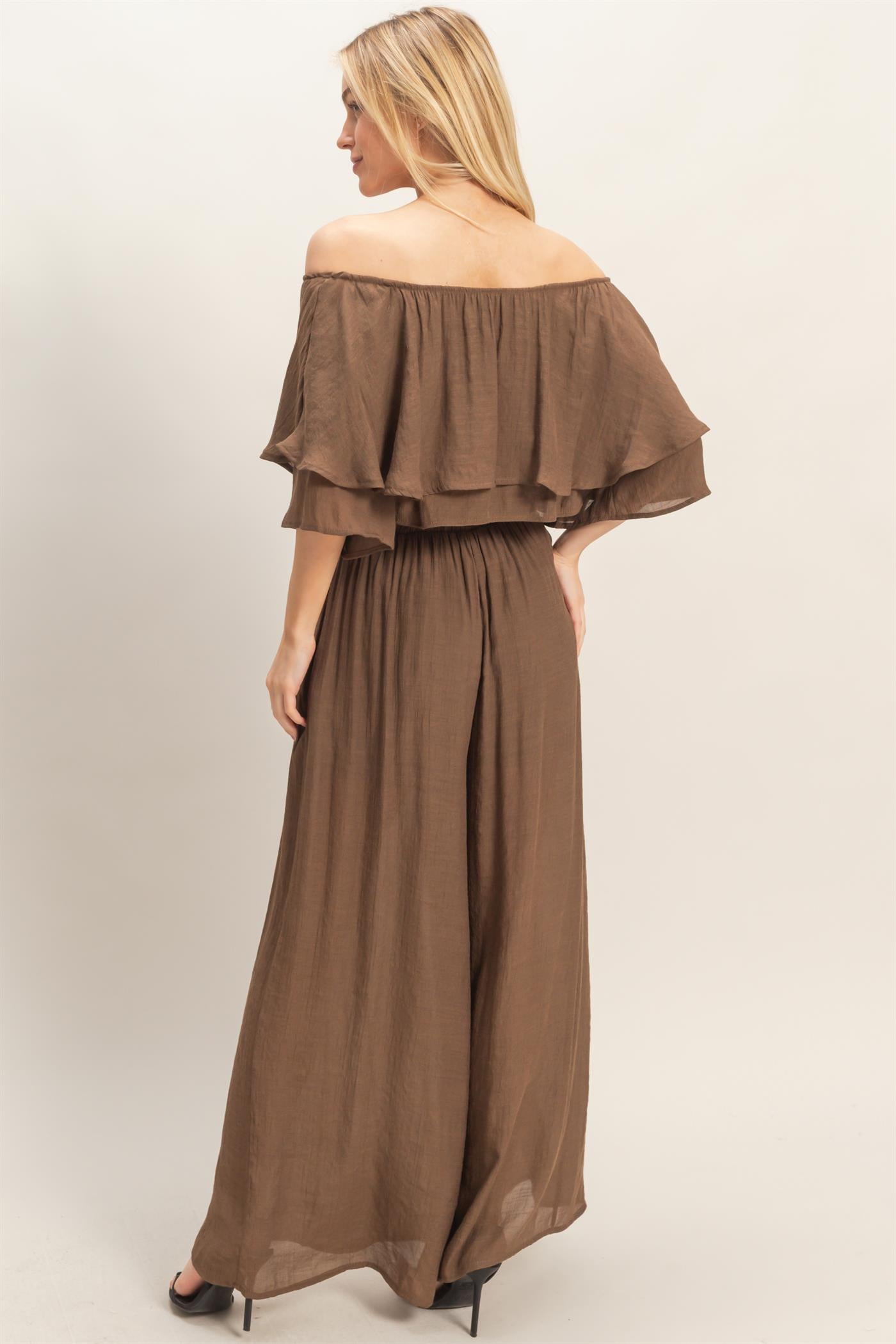 Wholesale Off Shoulder Top & Pleated Pant Set Clothing HF26C291-SET-D CHOCOLATE HYFVE