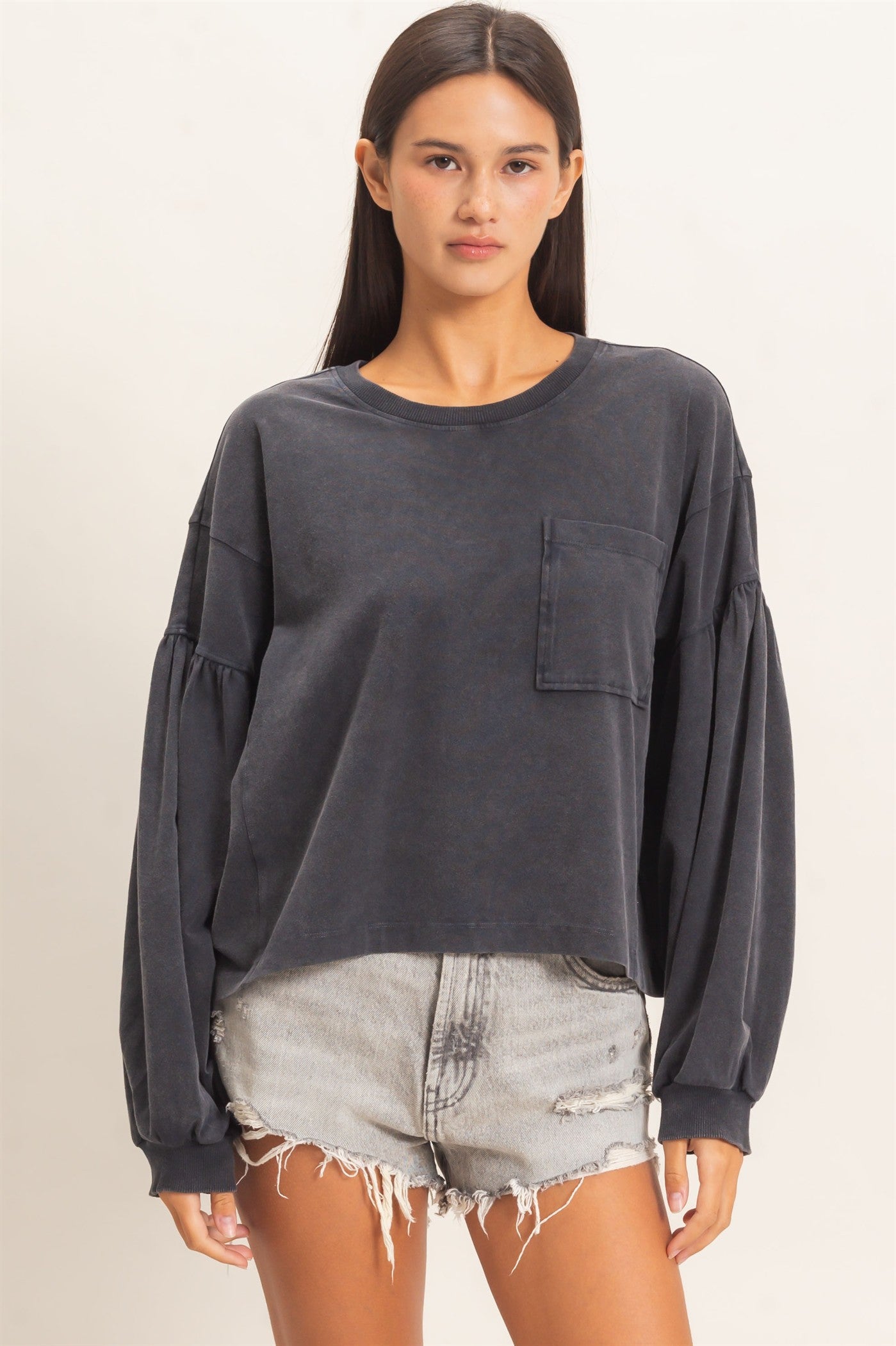 Wholesale Mineral Wash Puff Long Sleeve Boxy Top Clothing Tops DZ26F402 BLACK DOUBLE ZERO