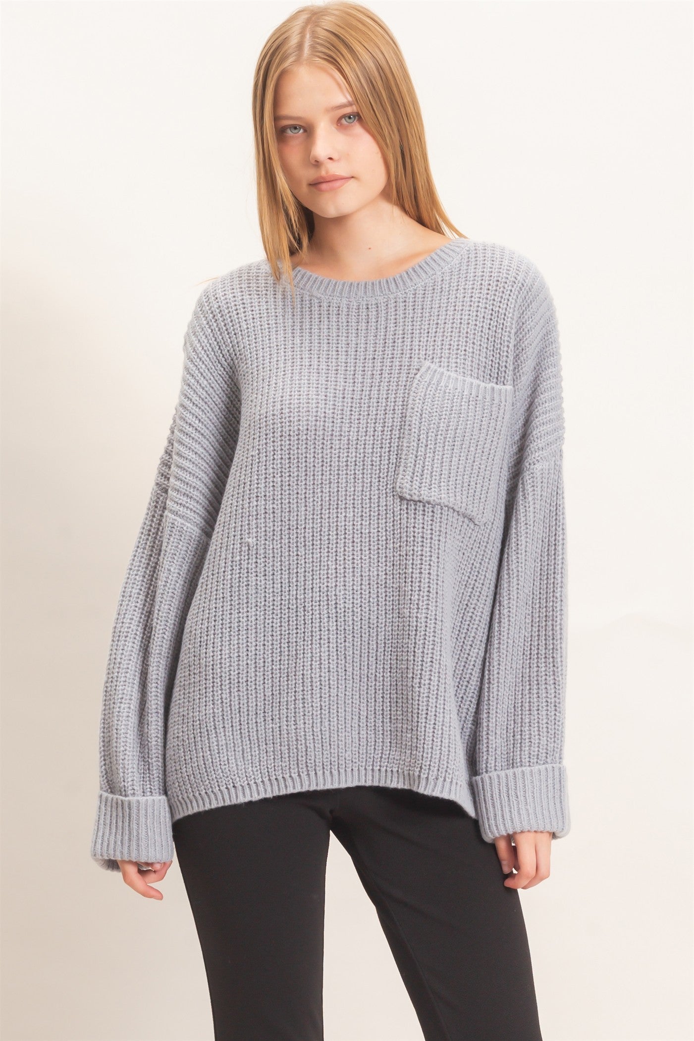 Wholesale Ribbed Knit Patch Pocket Sweater Sweaters HF26F177 H.GRAY HYFVE