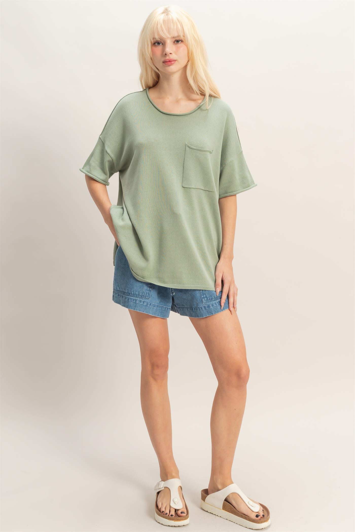 Wholesale Oversized Short Sleeve Round Neck Pocket Knit Top Clothing Tops DZ26A691 SAGE GREEN DOUBLE ZERO