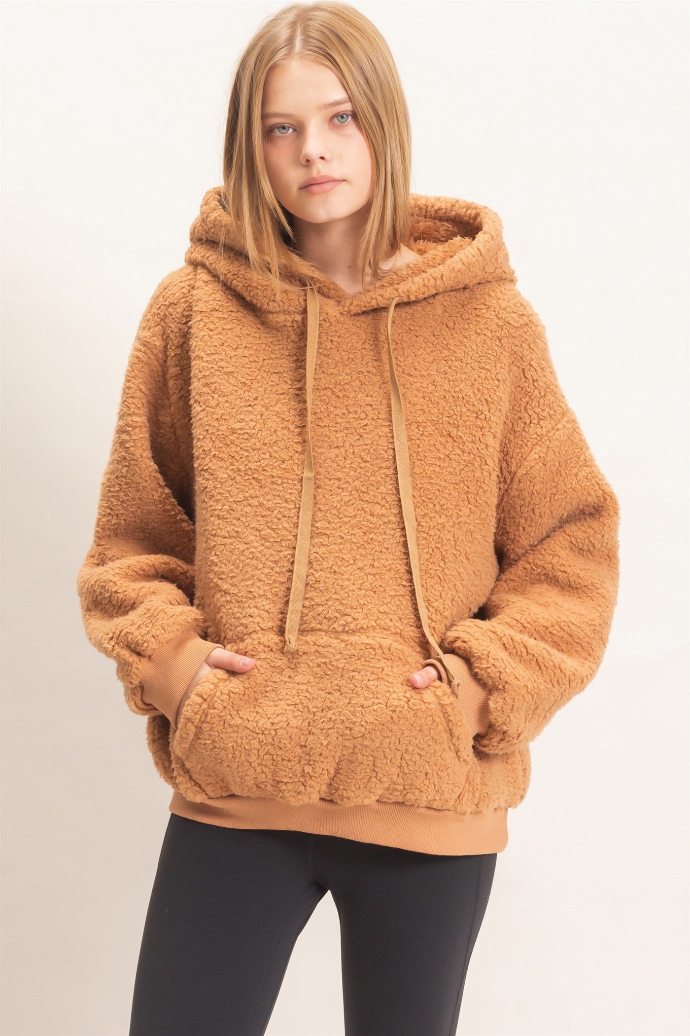 Wholesale Plush Sherpa Pullover Hoodie Hoodies HF26F289 CAMEL HYFVE