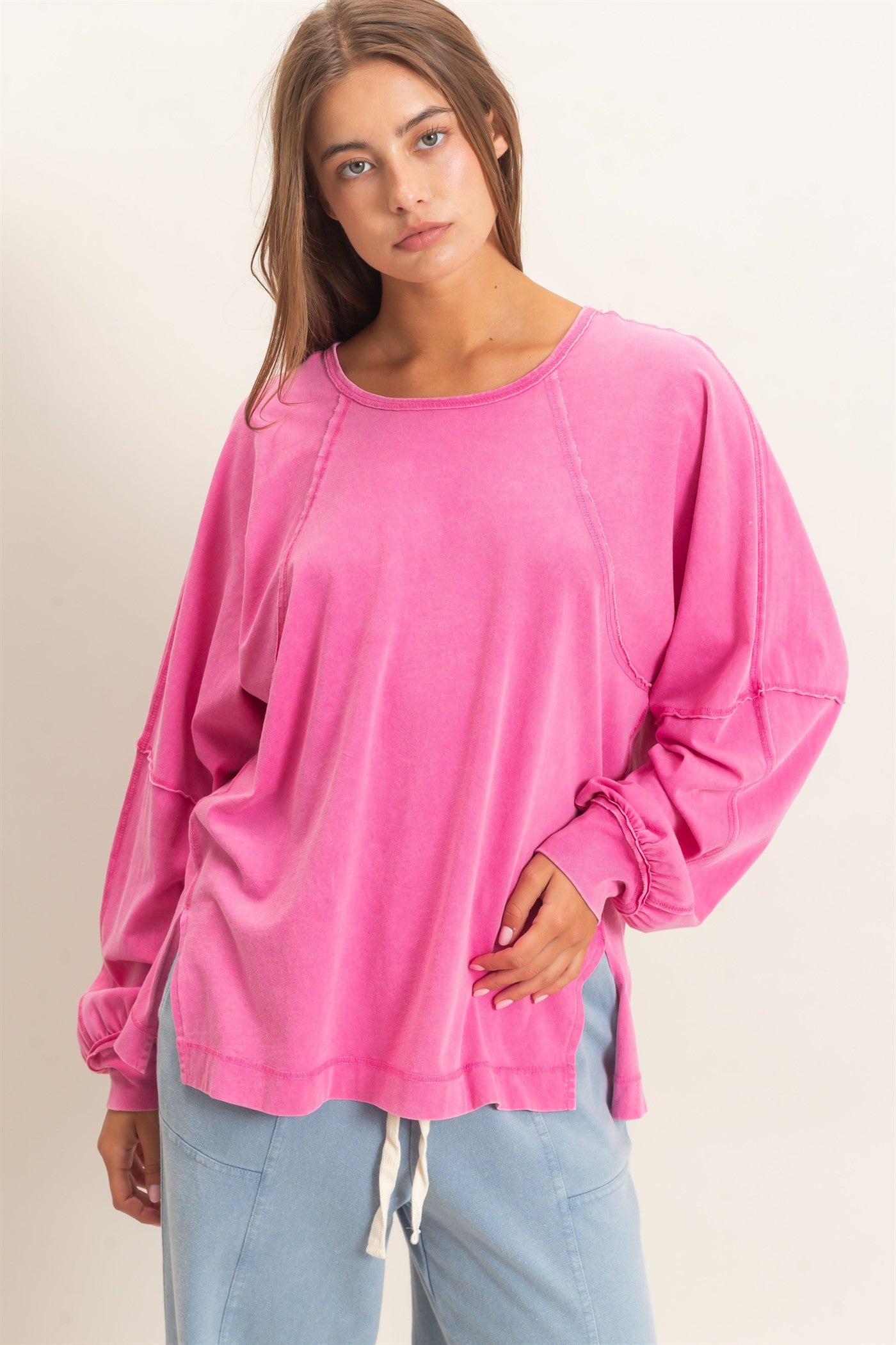 Wholesale Raglan Sleeve Snow Wash Top Shirts DZ26E945 FUCHSIA DOUBLE ZERO