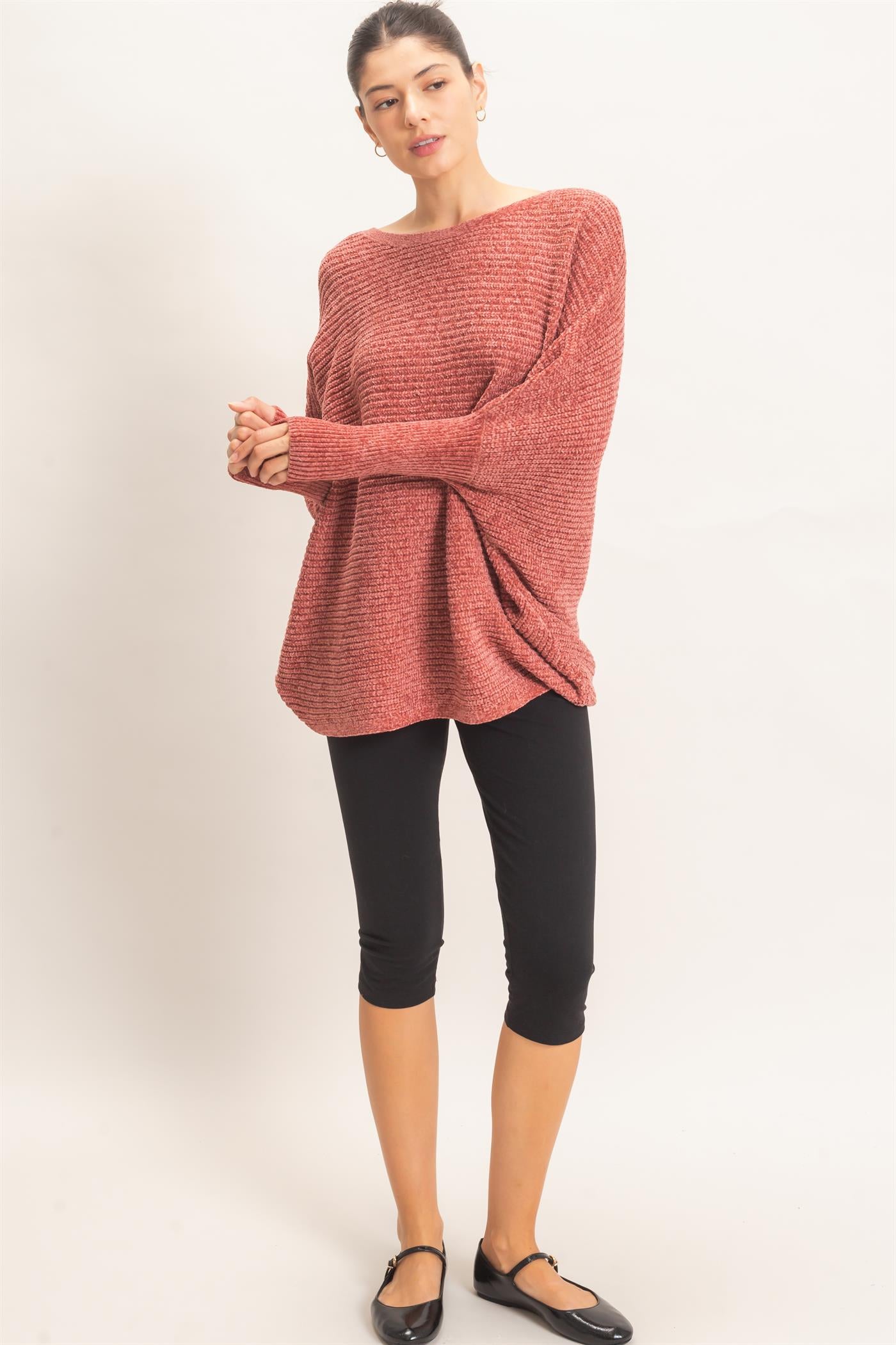 Wholesale Chenille Boat Neck Dolman Sleeve Sweater Sweaters HF26F185 CLAY HYFVE