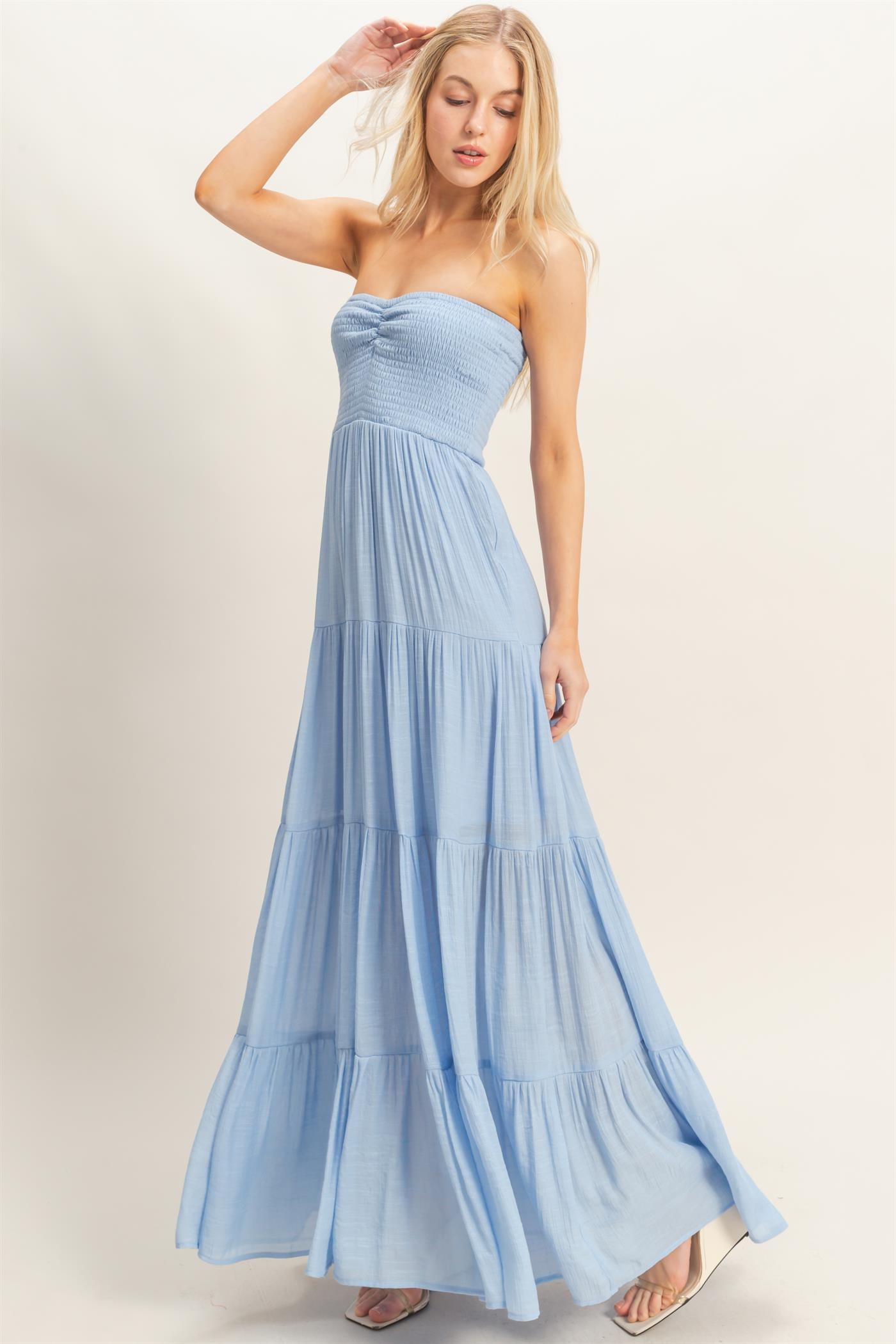 Wholesale Smocked Elastic Neck Maxi Dress Dresses HF26C284-D POWDER BLUE HYFVE