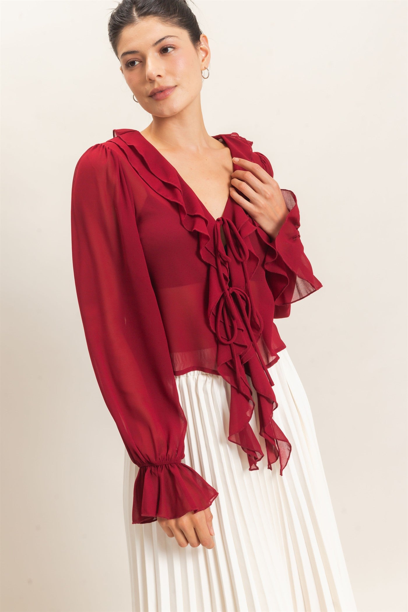 Wholesale Ruffled V-Neck Blouse Blouses HF26F066 BURGUNDY HYFVE