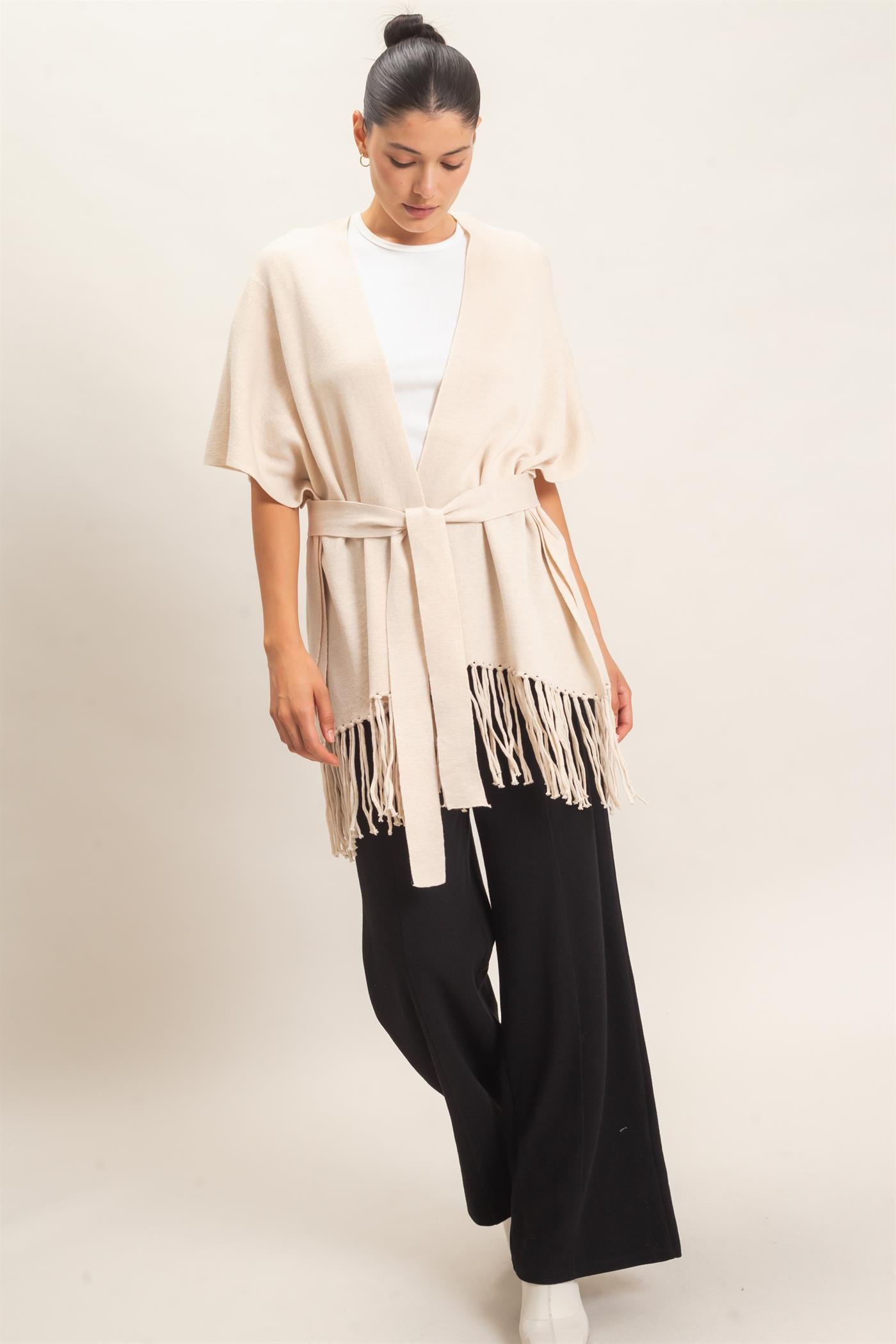 Wholesale Fringe Hem Kimono Sweater Kimonos HF26E041 OATMEAL HYFVE