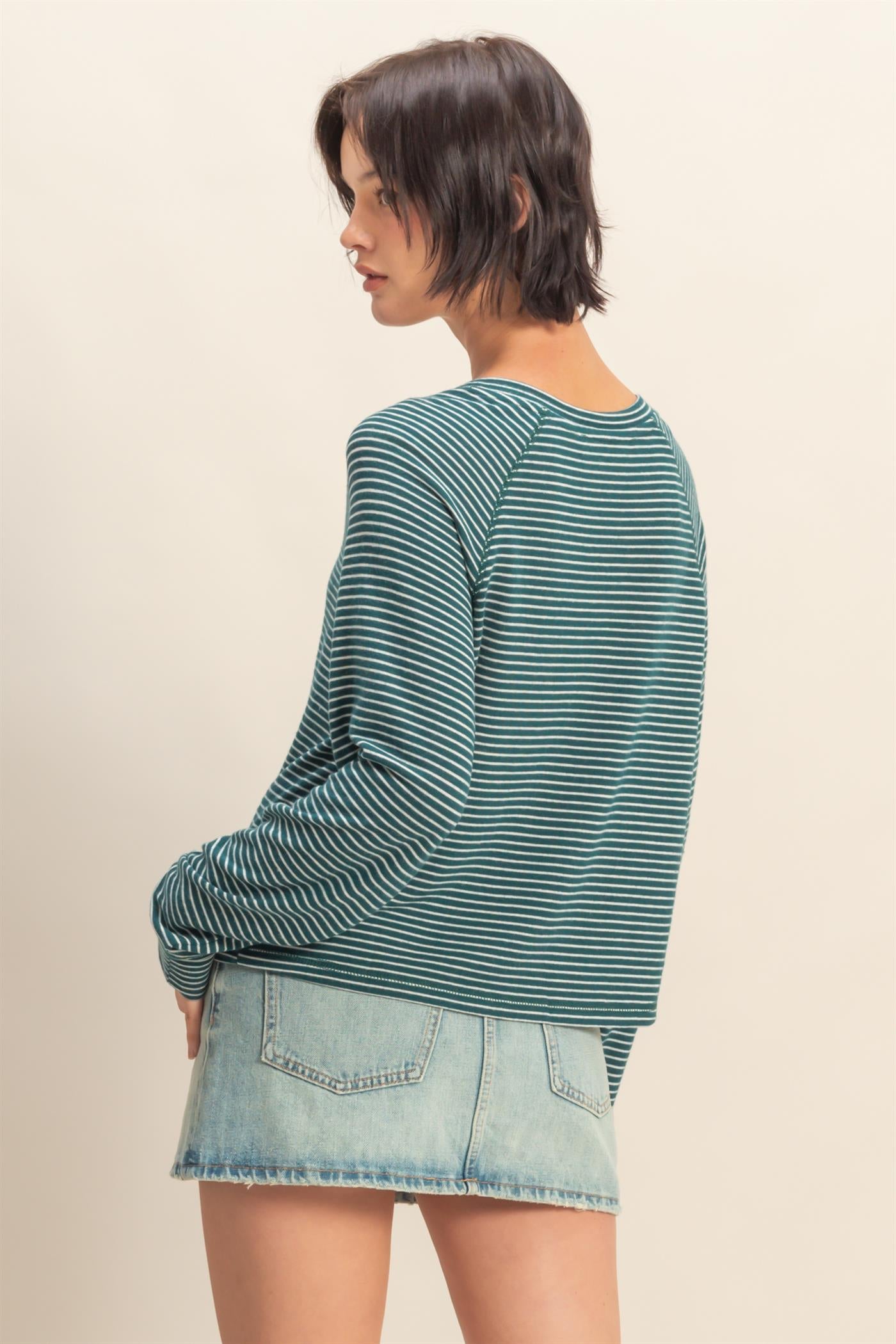 Wholesale Striped Raglan Long Sleeve Top Clothing Tops DZ25E600 DEEP GREEN/CREAM DOUBLE ZERO