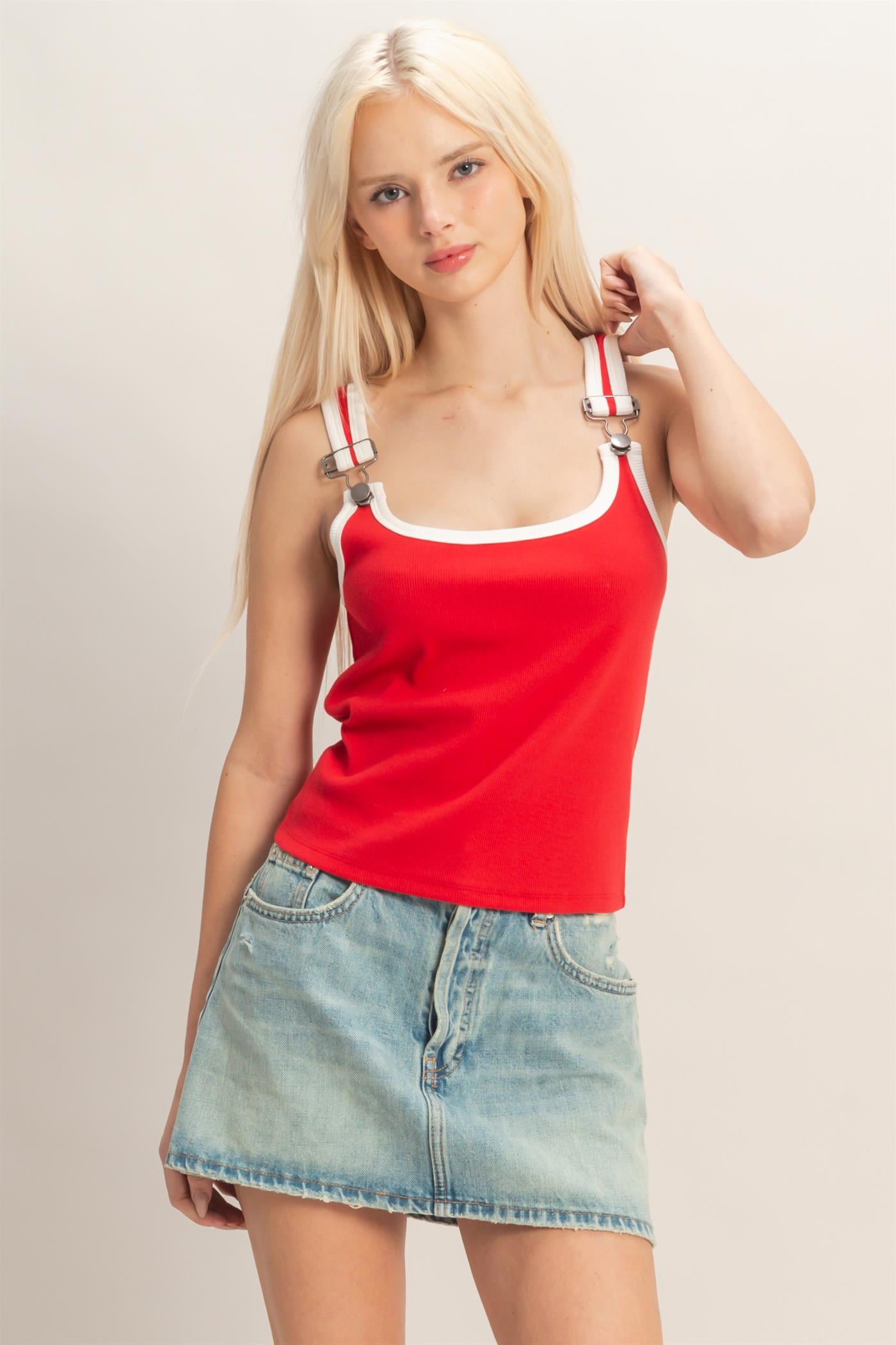 Wholesale Scoop Neck Buckle Strap Tank Top Tank Tops DZ26C345 RED DOUBLE ZERO