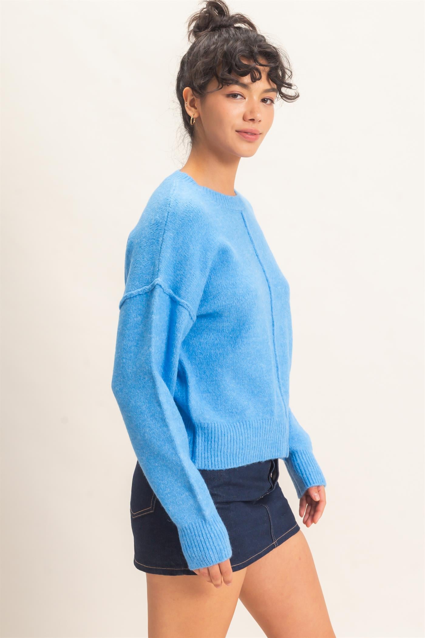 Wholesale Crew Neck Seam Detail Sweater Sweaters DZ26E240 BLUE DOUBLE ZERO