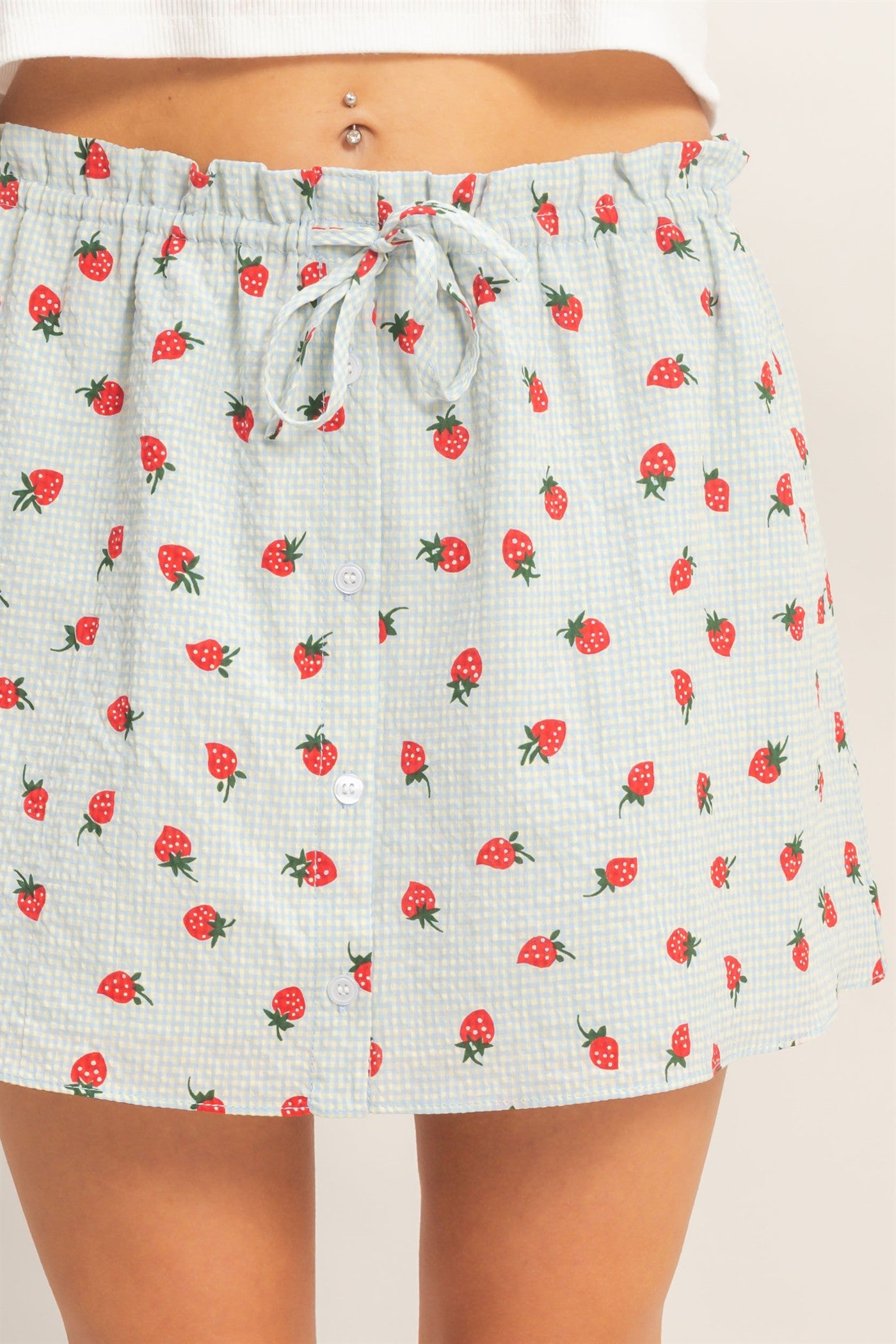 Wholesale Strawberry Print Gingham A-Line Skirt Skirts HF26A598 BLUE HYFVE