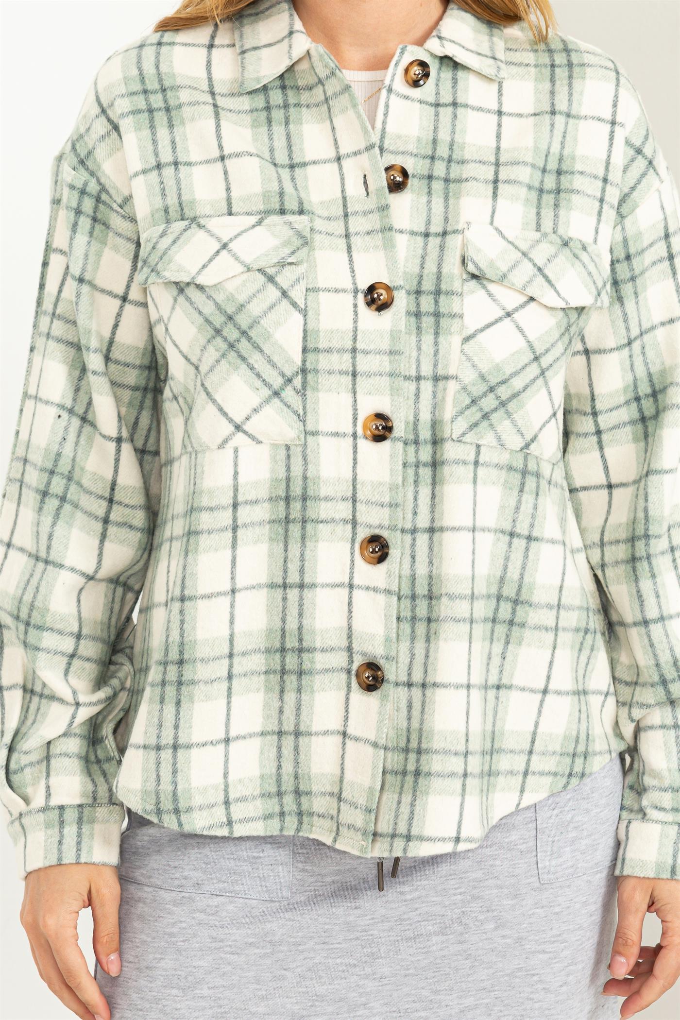 Wholesale Collared Plaid Shacket Shirts HF23G058 SAGE HYFVE