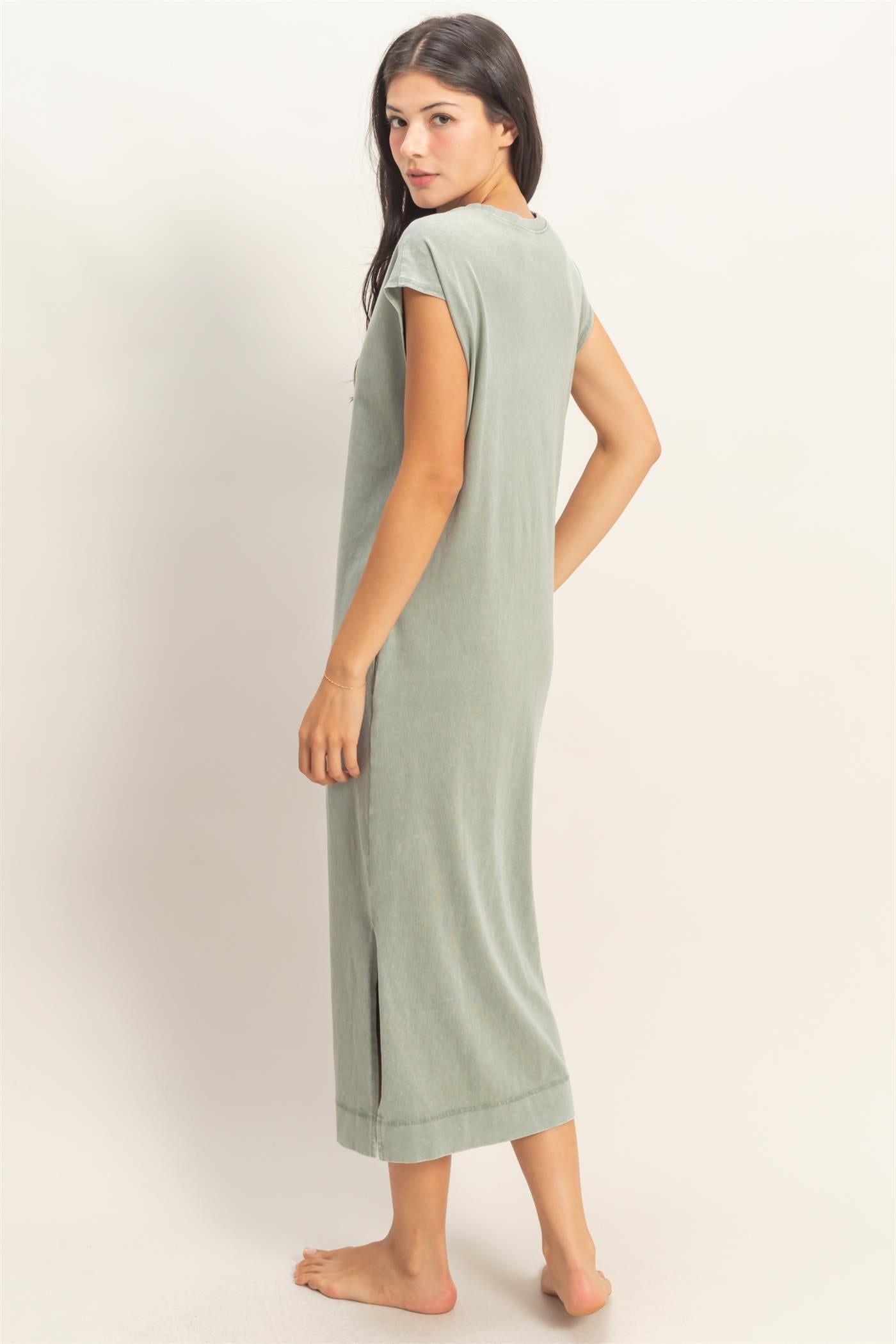 Wholesale Mineral Wash Cap Sleeve Midi Dress Dresses DZ26A049 SAGE GREEN DOUBLE ZERO
