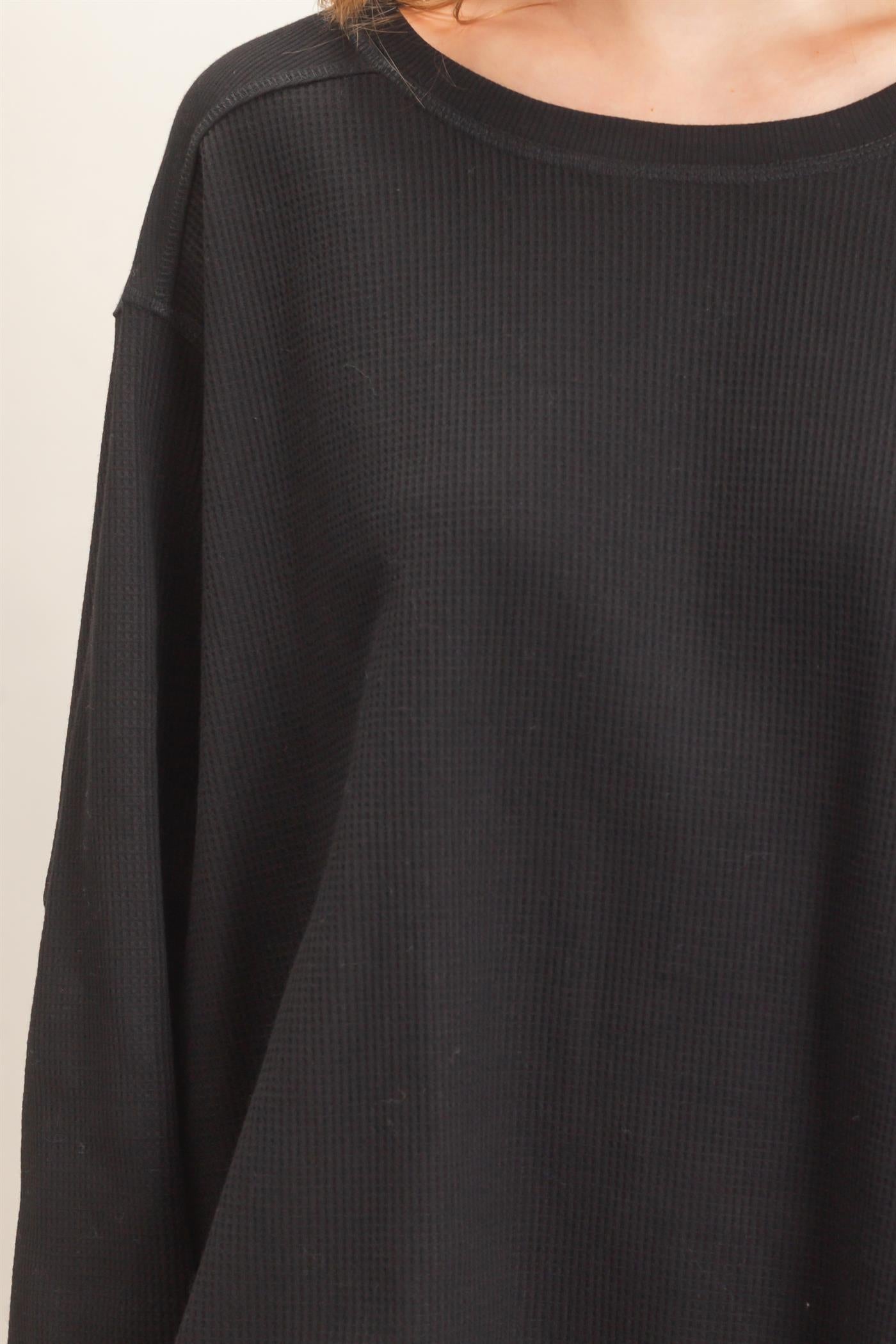 Wholesale Waffle Knit Crew Neck Top Clothing Tops HF26E078 BLACK HYFVE