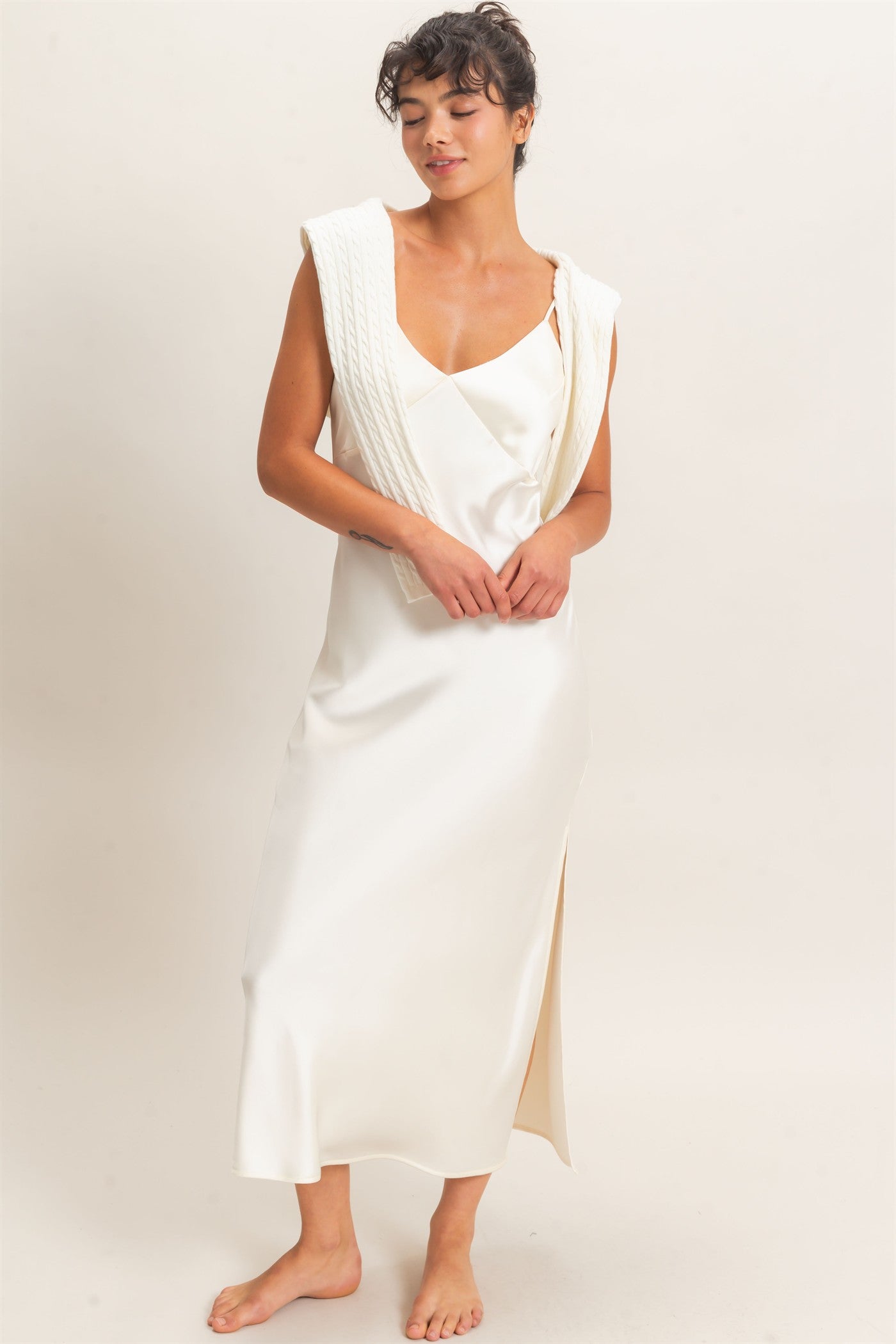 Wholesale Satin V-Neck Slip Dress Dresses DZ26E262 CREAM DOUBLE ZERO