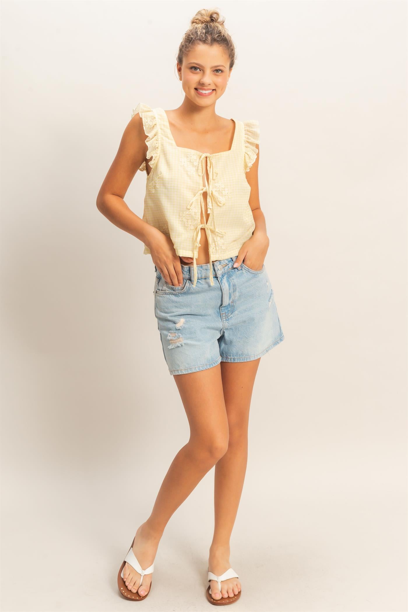 Wholesale Embroidered Gingham Tie Front Top Clothing HF26A501 YELLOW HYFVE