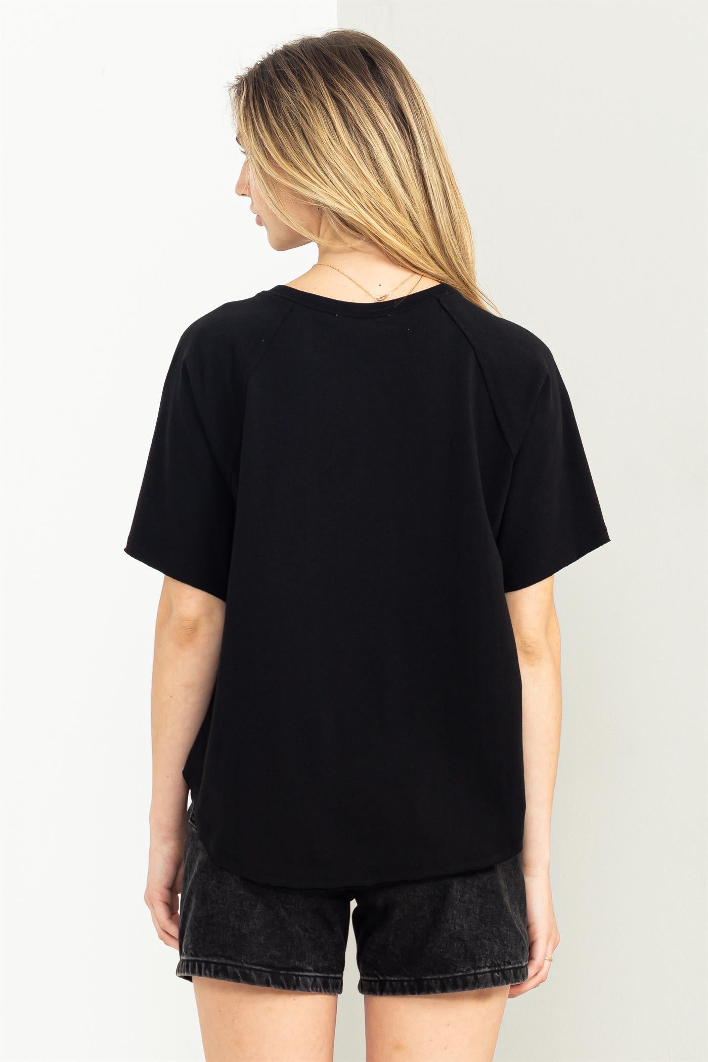 Wholesale Round Neck Curved Hem Short Sleeve T Shirt Clothing Tops DZ23C325 BLACK HYFVE