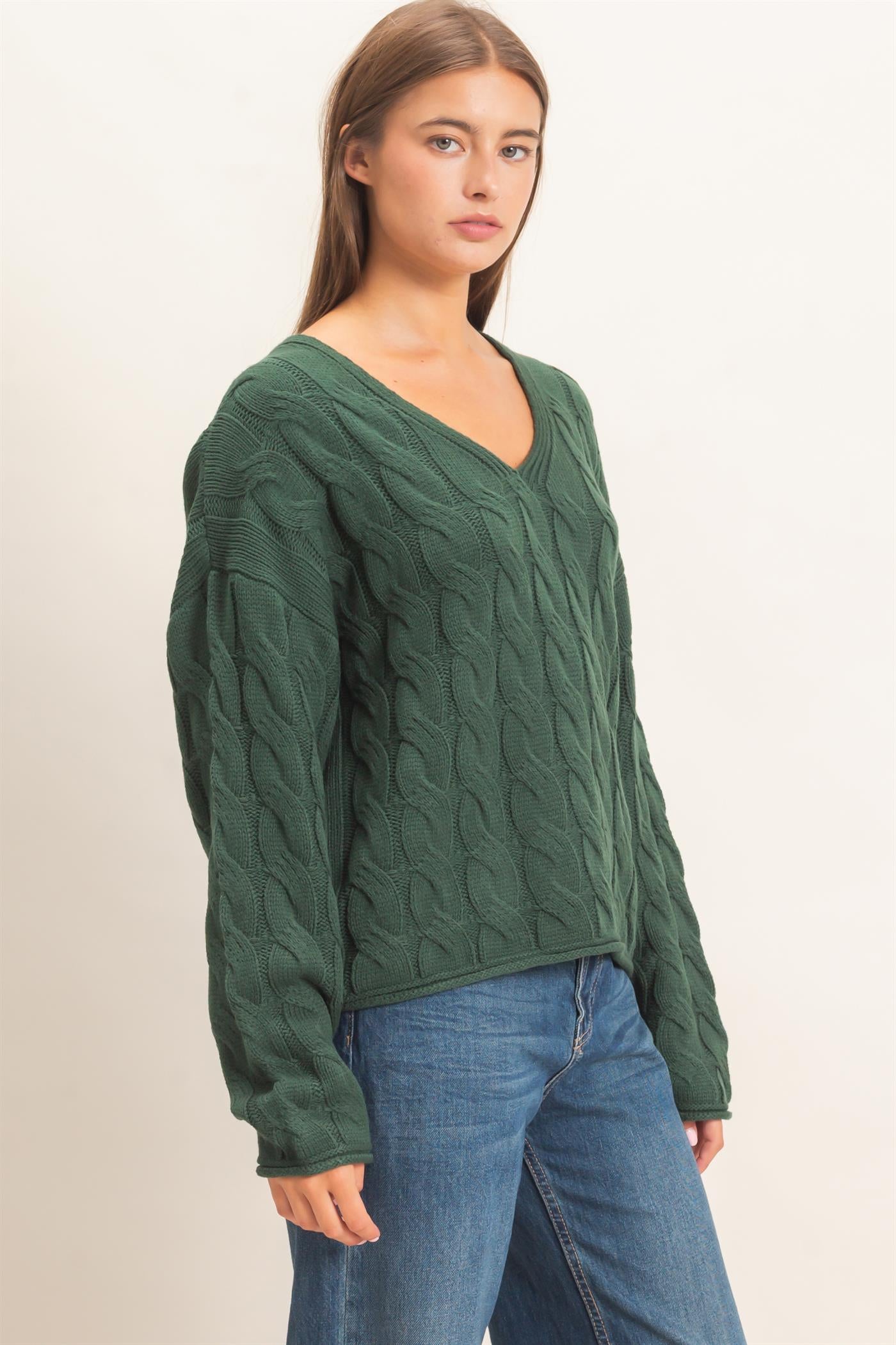 Wholesale Cable Knit V-Neck Sweater Sweaters DZ26E087 DARK GREEN DOUBLE ZERO