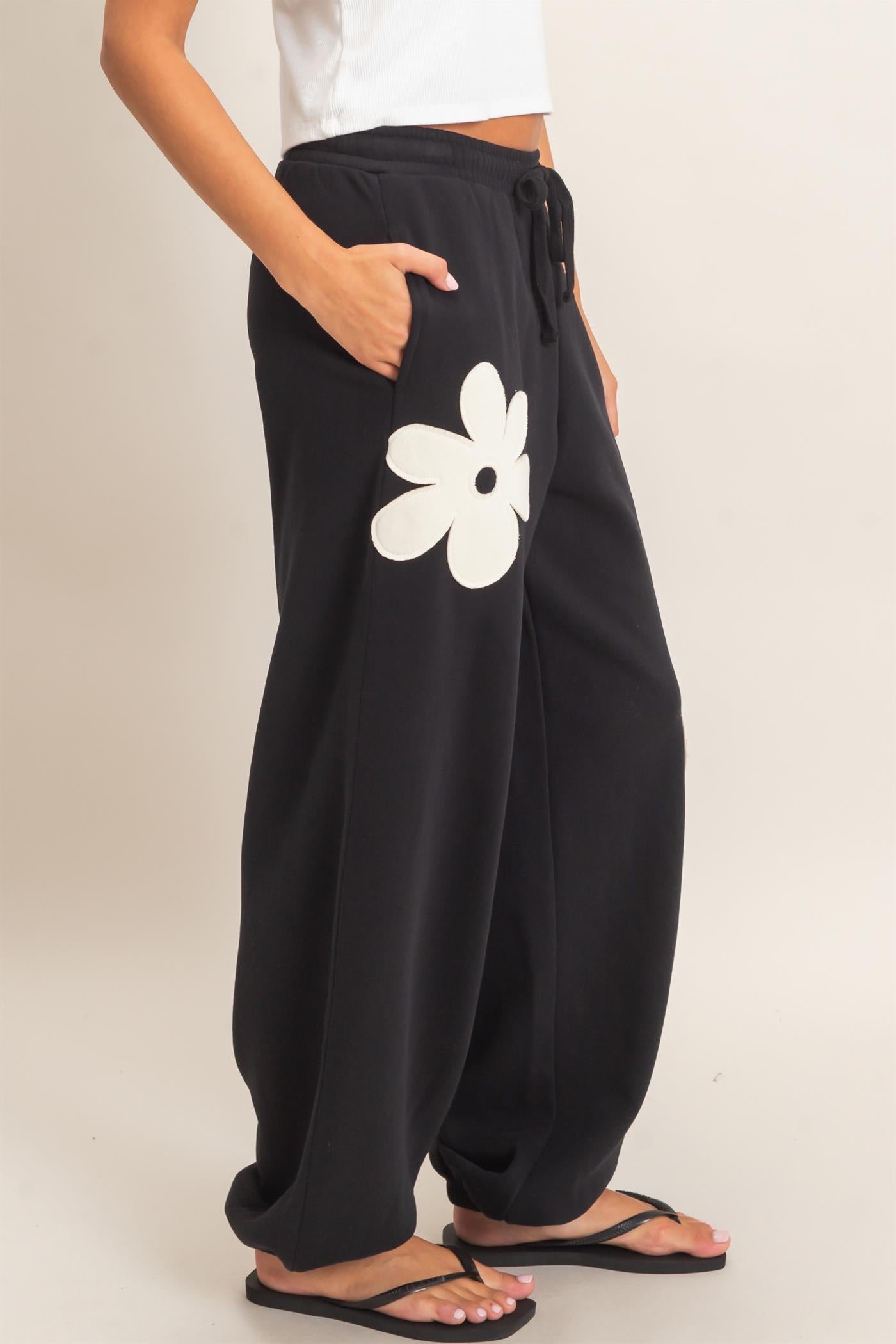 Wholesale Floral Applique Drawstring Jogger Pants Joggers DZ26F308 BLACK DOUBLE ZERO