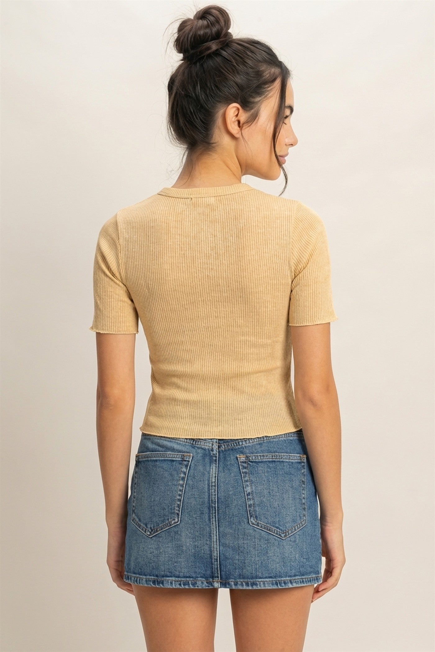 Wholesale Ribbed Short Sleeve Top Clothing Tops DZ24C197 SAND DOUBLE ZERO