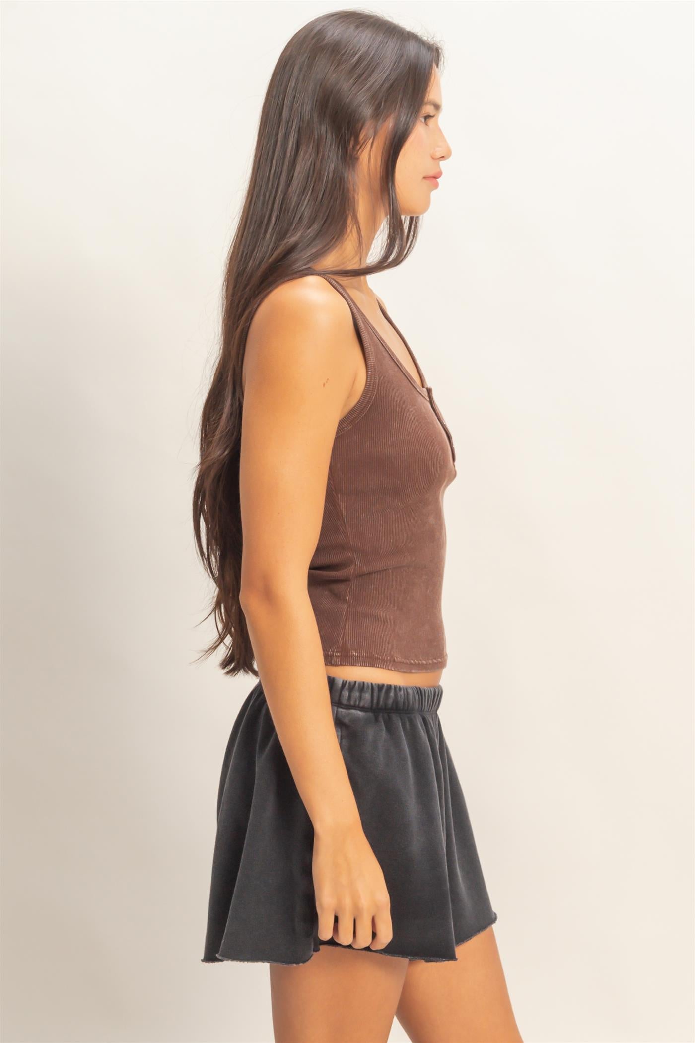 Wholesale Acid Washed Henley Ribbed Tank Top Tank Tops DZ26C661 CHOCOLATE DOUBLE ZERO