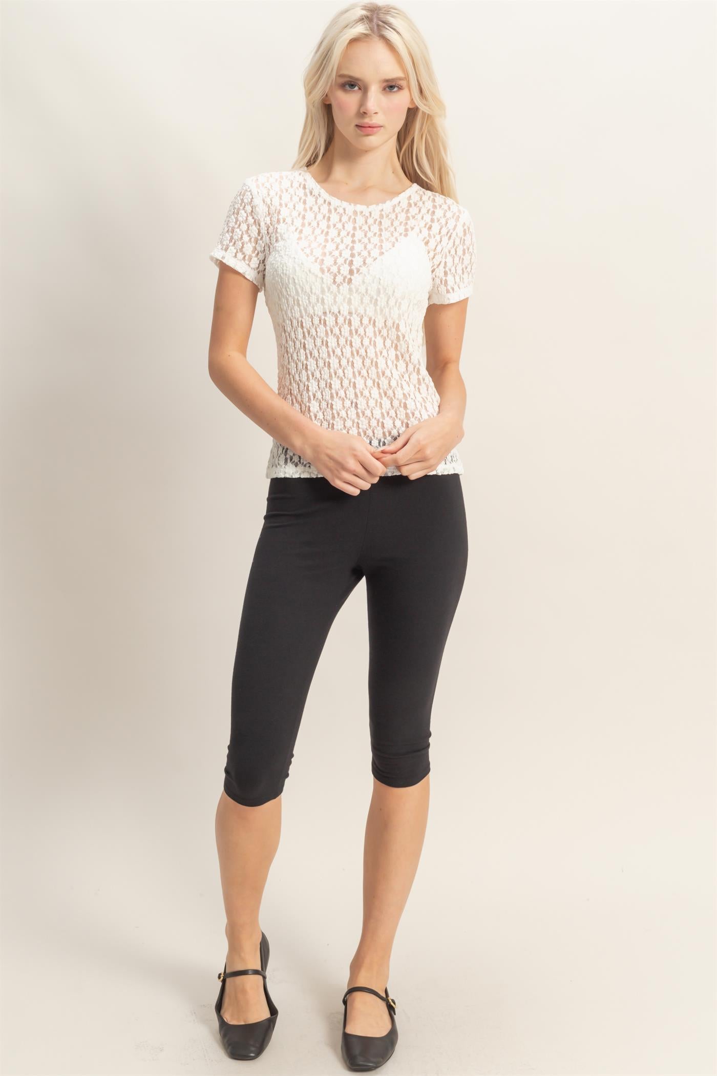 Wholesale Textured Lace Short Sleeve Top Clothing Tops DZ26C394 CREAM DOUBLE ZERO