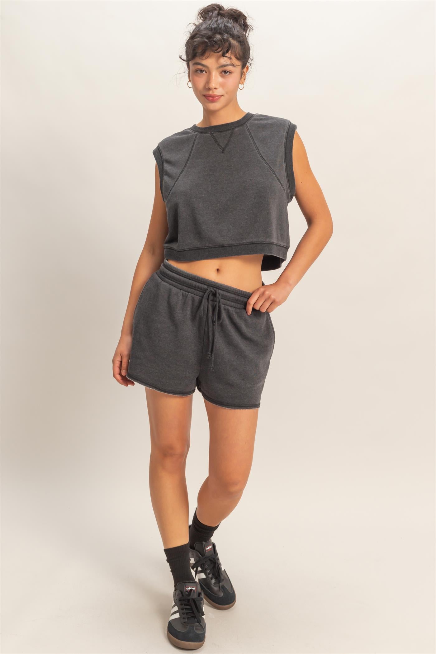 Wholesale Burnout French Terry Sleeveless Top & Shorts Set Clothing Tops DZ26A171-SET BLACK DOUBLE ZERO