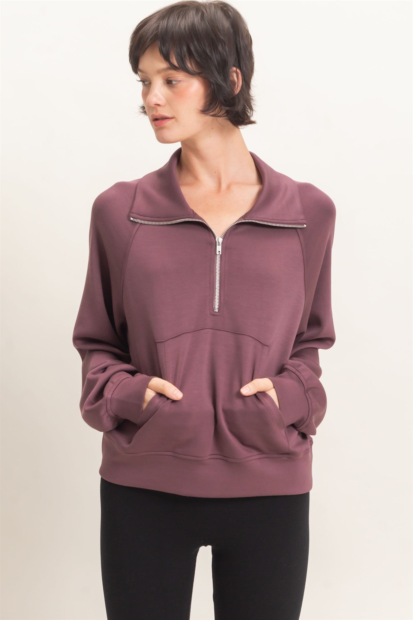 Wholesale Half-Zip Collar Raglan Pullover Sweatshirts DZ26C967 COCOA DOUBLE ZERO