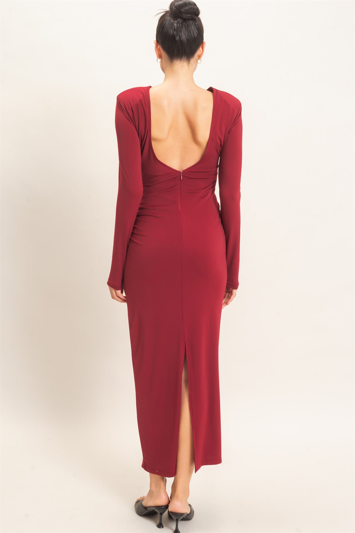 Wholesale Ruched Long Sleeve Open Back Midi Dress Dresses HF26F118 DARK RED HYFVE