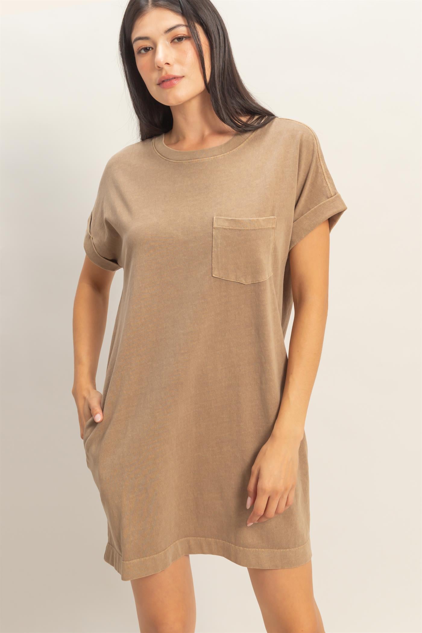 Wholesale Round Neck T-Shirt Mini Dress Dresses DZ26A029 MOCHA DOUBLE ZERO