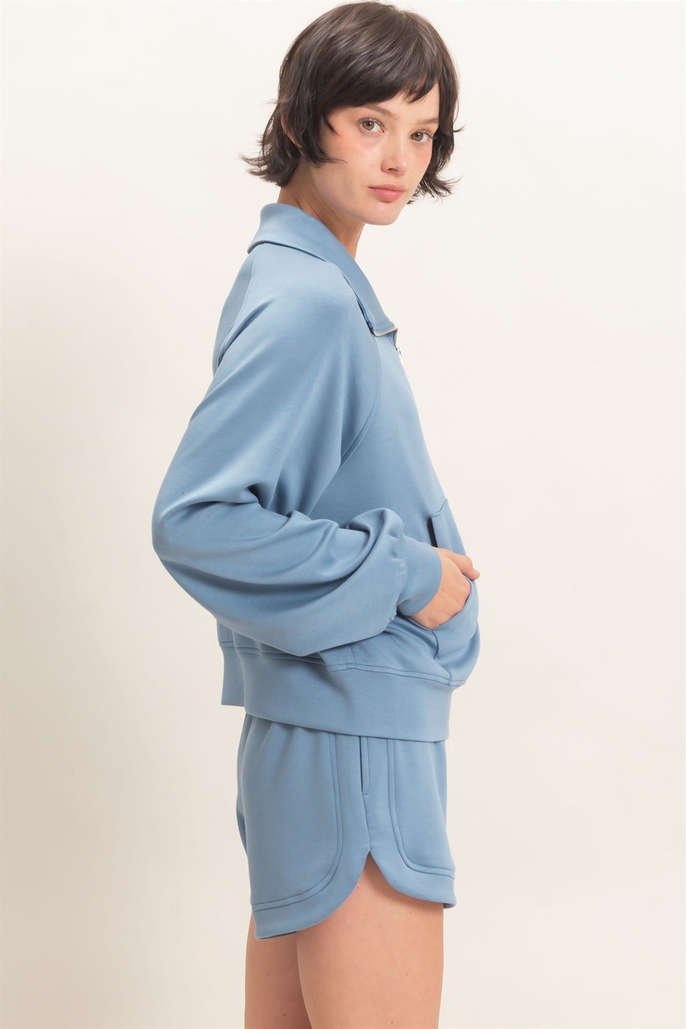 Wholesale Half-Zip Collar Raglan Pullover Sweatshirts DZ26C967 DUSTY BLUE DOUBLE ZERO
