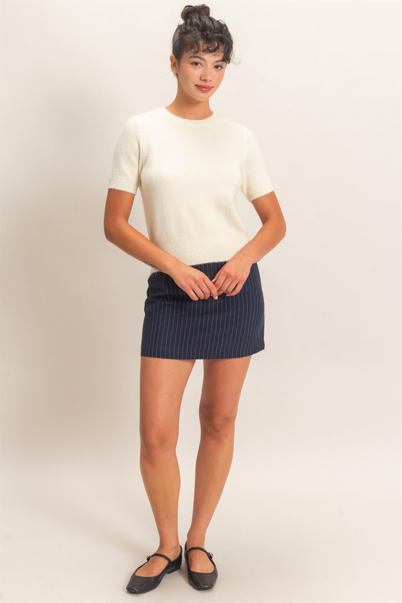 Wholesale Crew Neck Short Sleeve Knit Top Clothing Tops DZ26E944 CREAM DOUBLE ZERO