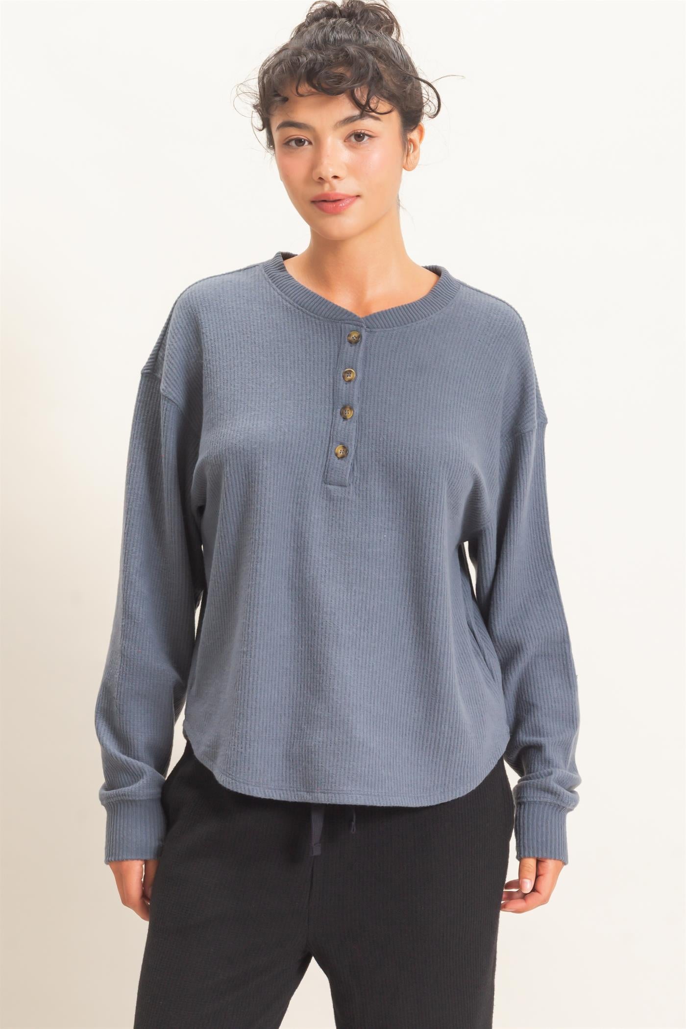 Wholesale Brushed Waffle Henley Top Clothing Tops DZ26F314 DARK GRAY DOUBLE ZERO