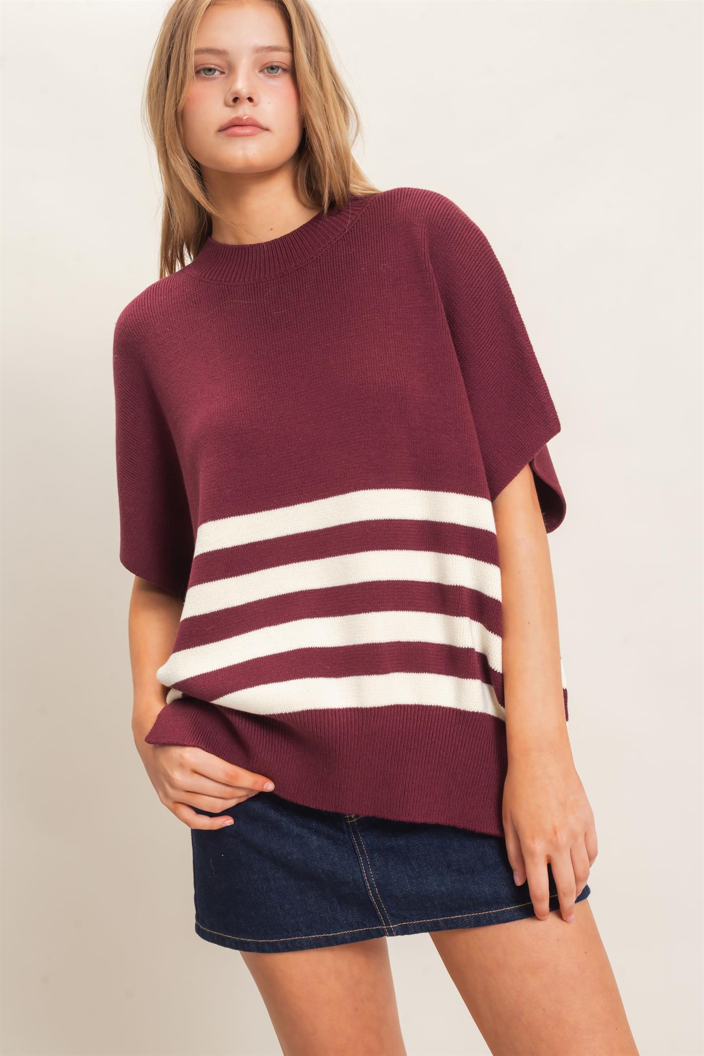 Wholesale Striped Ribbed Crew Neck Sweater Sweaters HF26E350-D WINE HYFVE