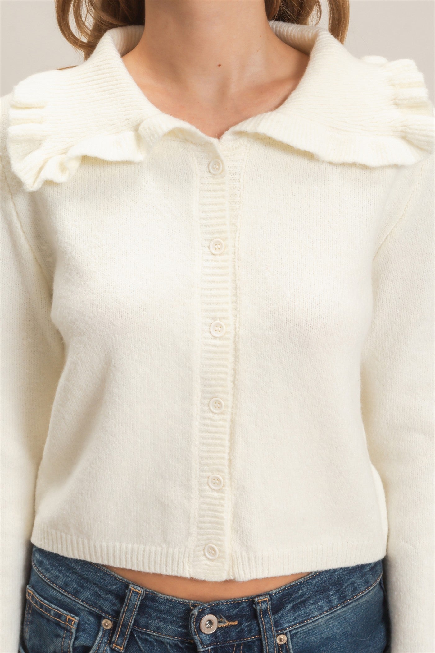 Wholesale Ruffled Collar Knit Cardigan Cardigans HF26E162-D IVORY HYFVE